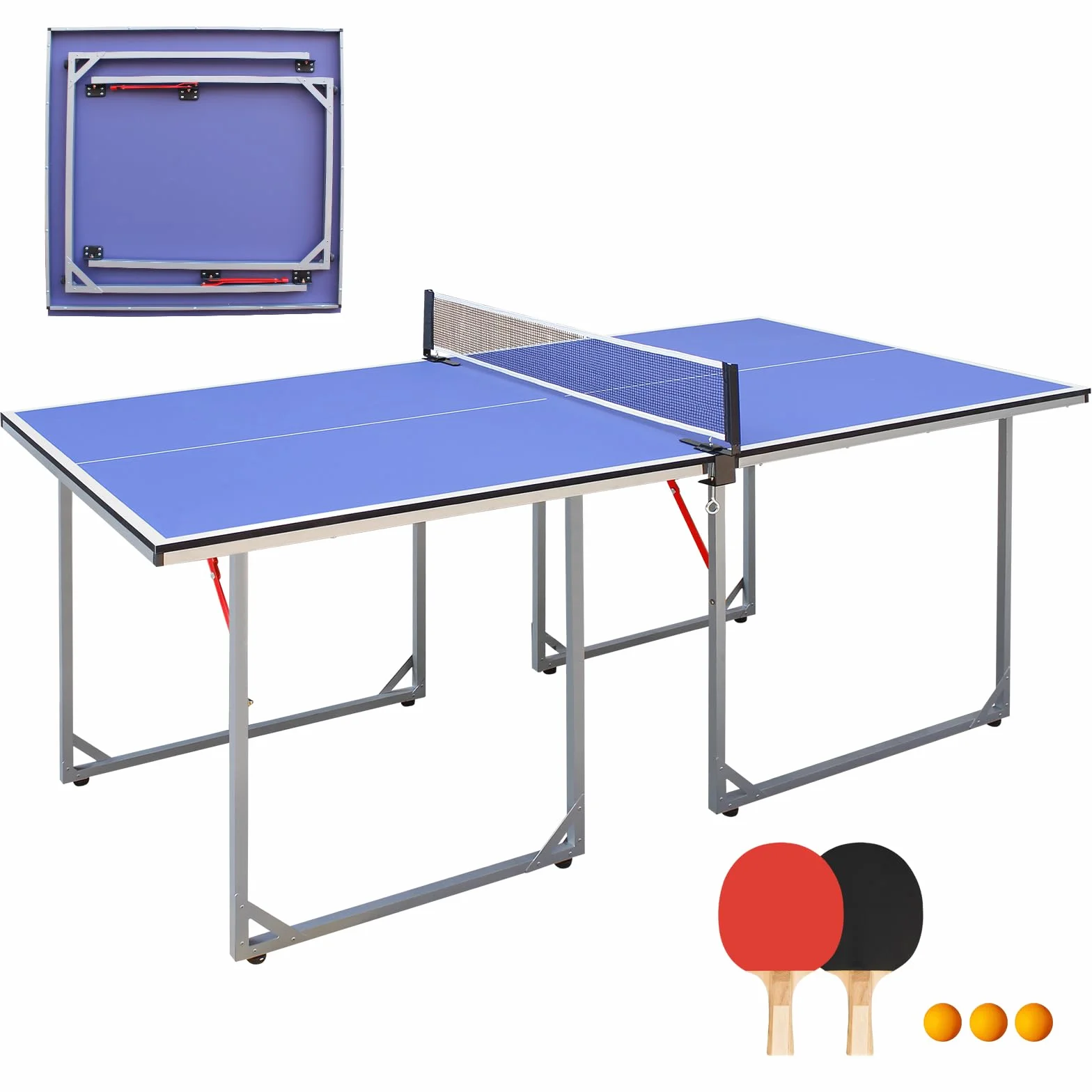 Table de ping-pong pliable, 182 cm x 91 cm, taille moyenne, set de table multifonction, avec filet, 2 raquettes de tennis de table et 3 balles