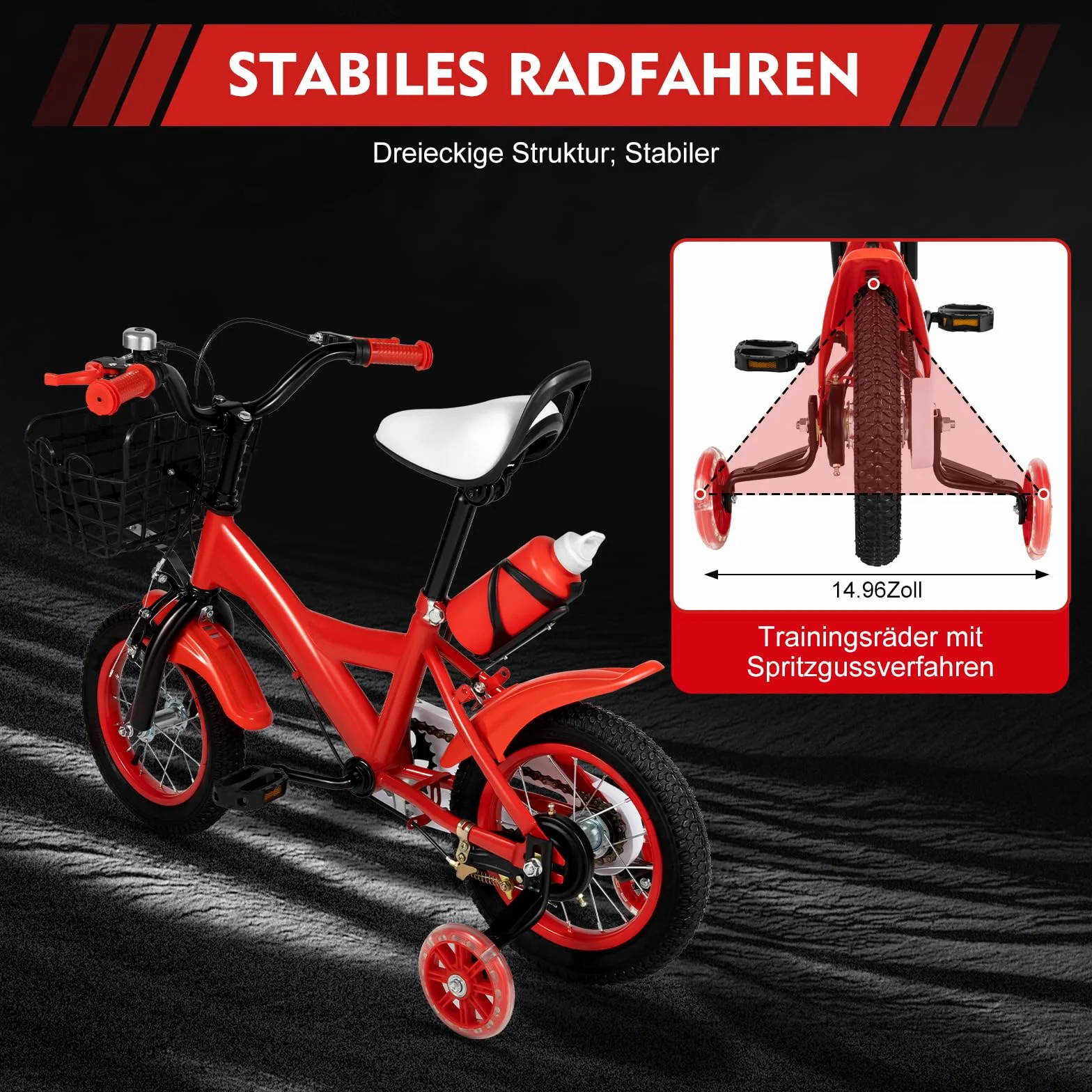 Vélo enfant 12 pouces réglable 2-5 ans avec roues stabilisatrices panier bouteille