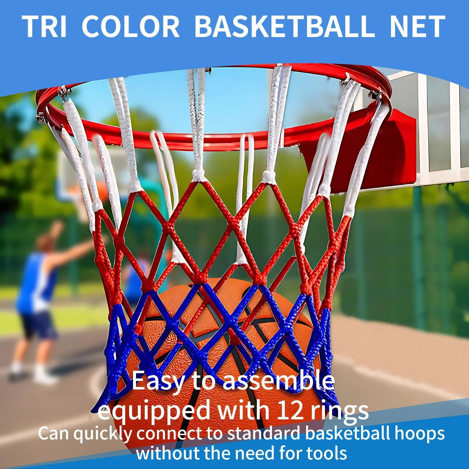 Filet de Basket-Ball Tricolore en Polyester 53 cm pour Panier - Anneaux Métalliques 45 cm - Officiel Compétitions