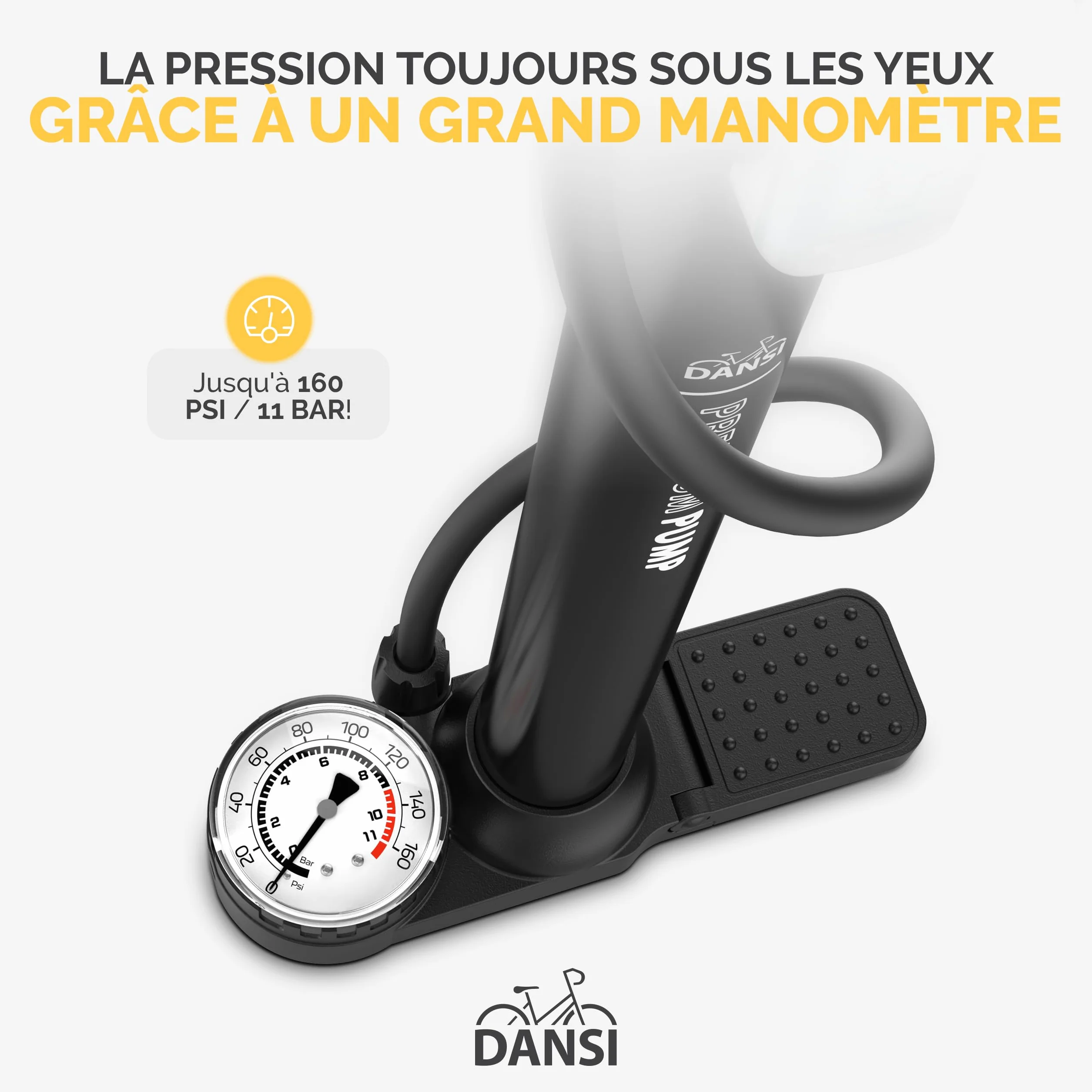 DANSI Pompe à vélo à Pied Toutes valves AV, SV, DV avec Grand manomètre