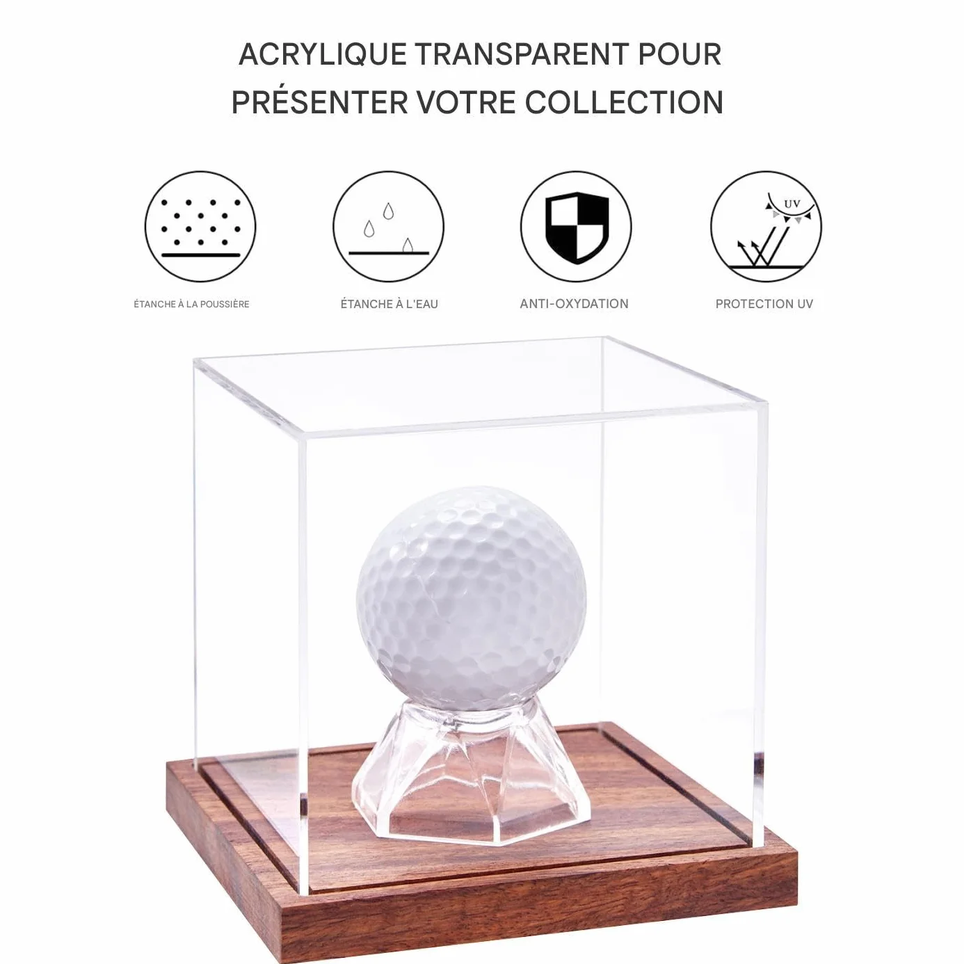 Boîtier d'exposition pour balles de golf avec support en bois, anti-poussière