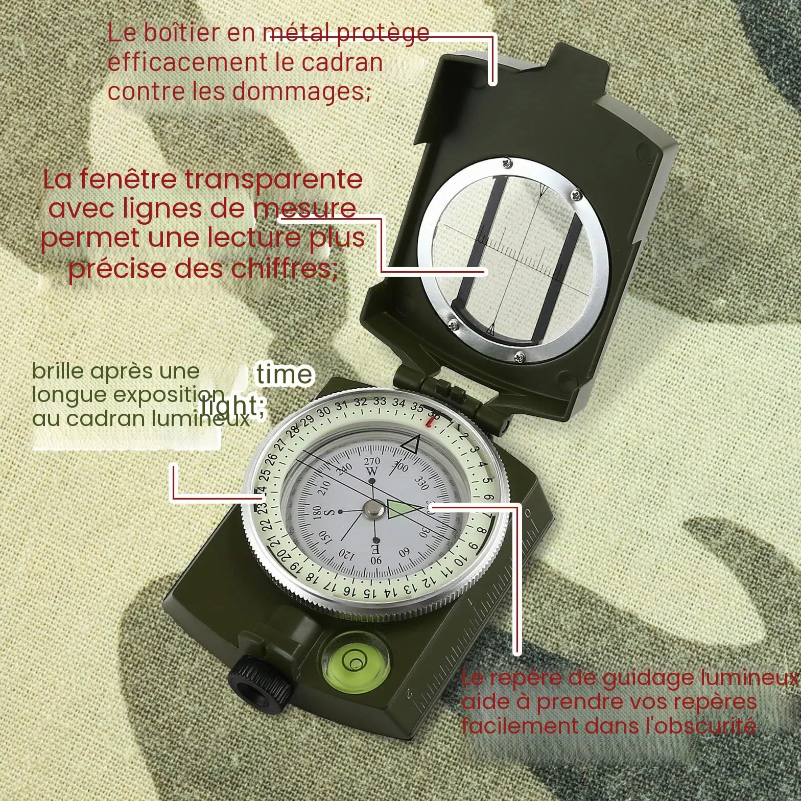 Boussole Multifonctionnelle Professionnelle Militaire en Métal Vert Armée pour Randonnée Camping