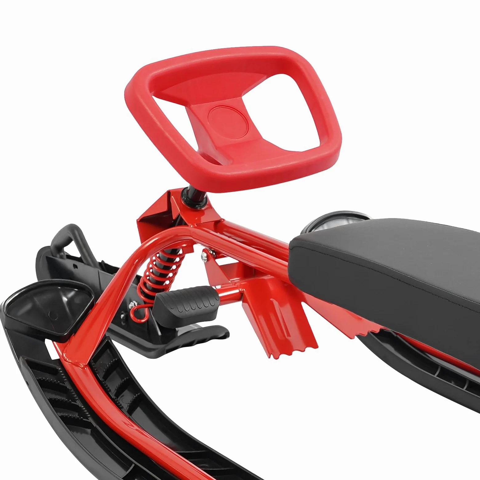 Luge de ski pour enfants avec volant et frein, 50 × 120 × 38 cm, 100 kg, rouge + noir, siège en polyuréthane, luge d'hiver avec ressort et corde de traction, pour enfants, adolescents et adultes à