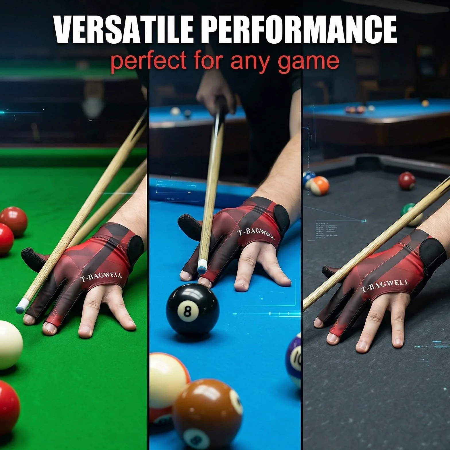 Gant de Billard Main Gauche Homme Antidérapant Élastique 3 Doigts (Rouge)