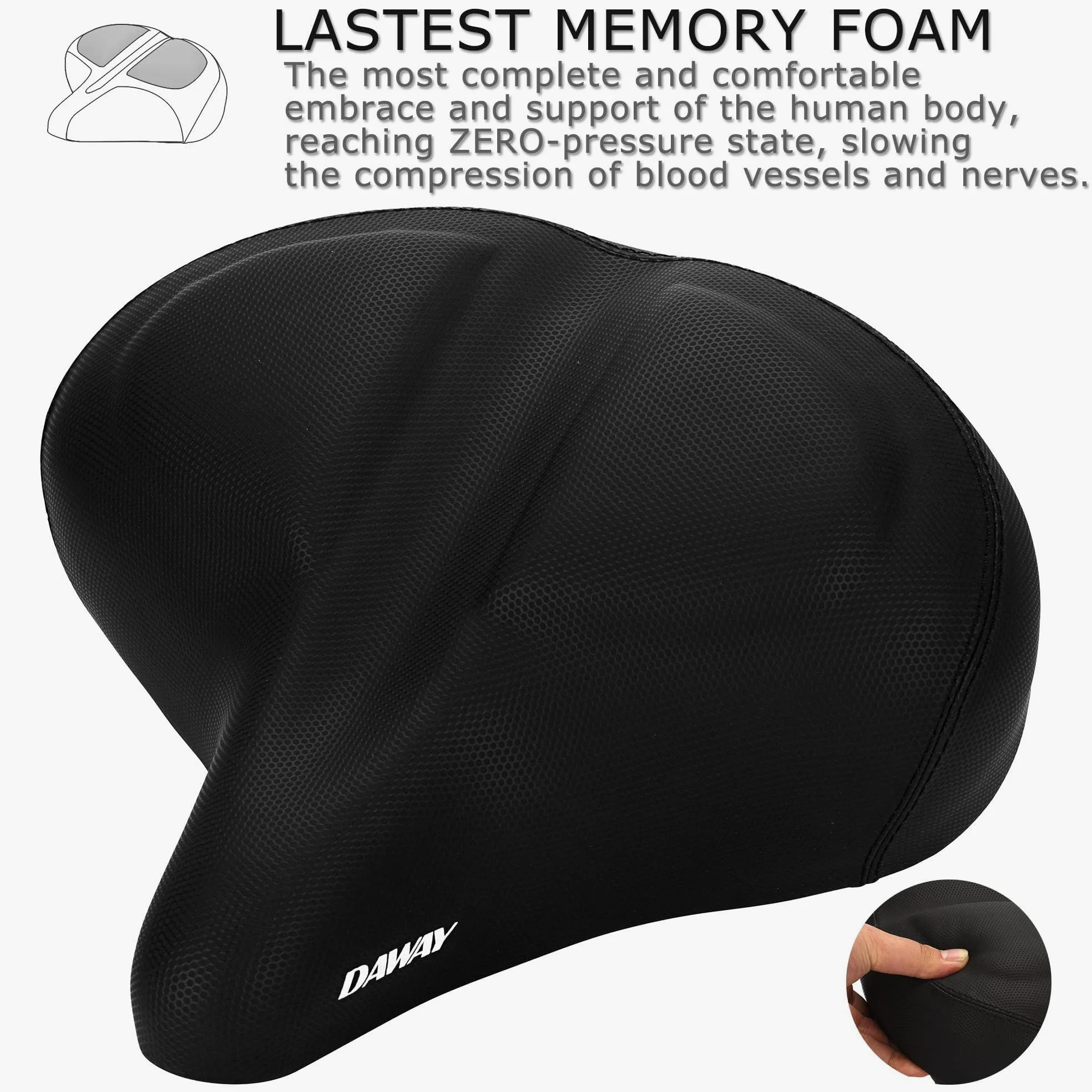 DAWAY C40 Selle de vélo surdimensionnée Confortable – Compatible avec Peloton, Exercice, VTT ou vélos de Route, Selle de vélo Extra Large avec Coussin en Mousse à mémoire de Forme pour Homme et Femme