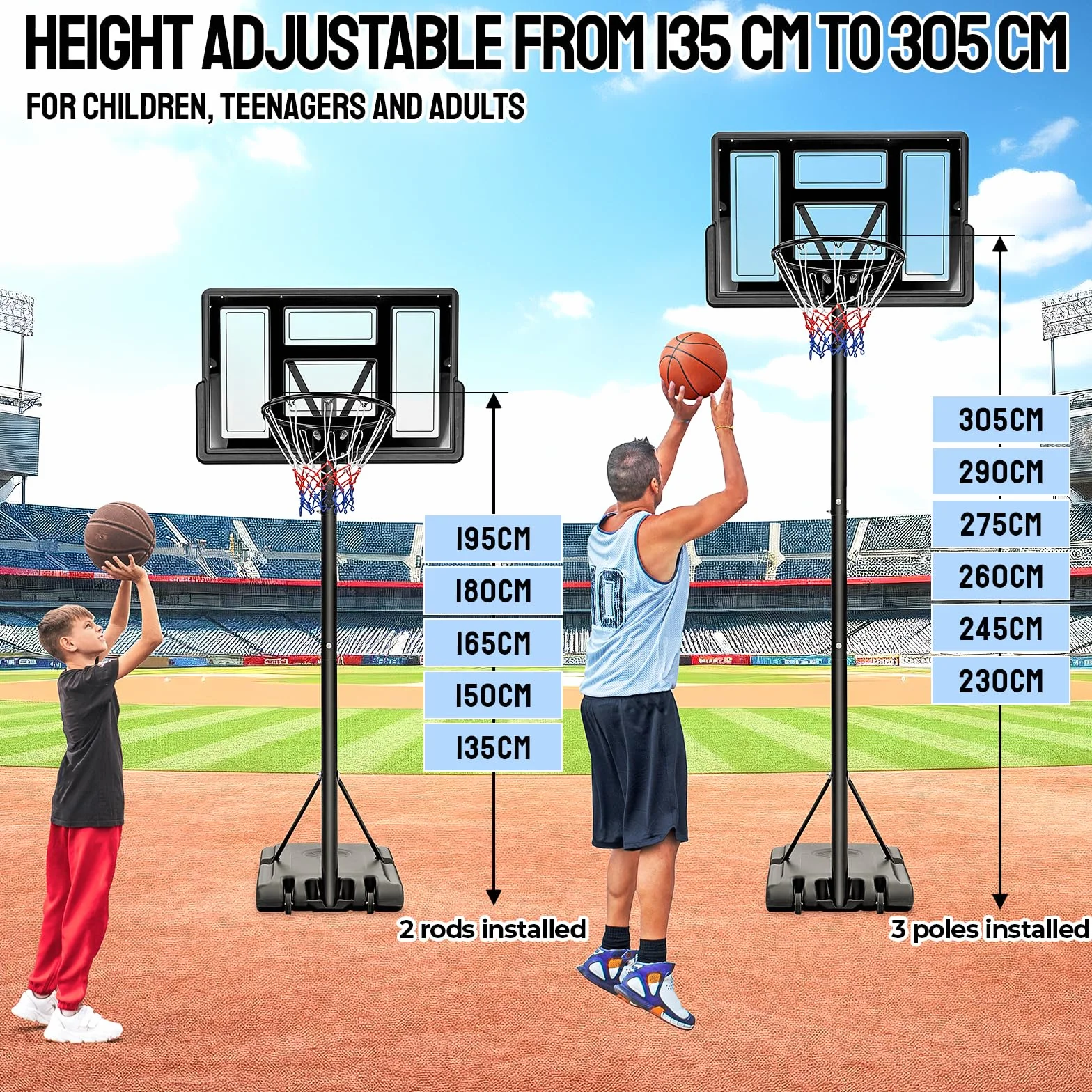 Panier de Basket-Ball Portable Hauteur Réglable 230-304 cm avec Support Extérieur Intérieur