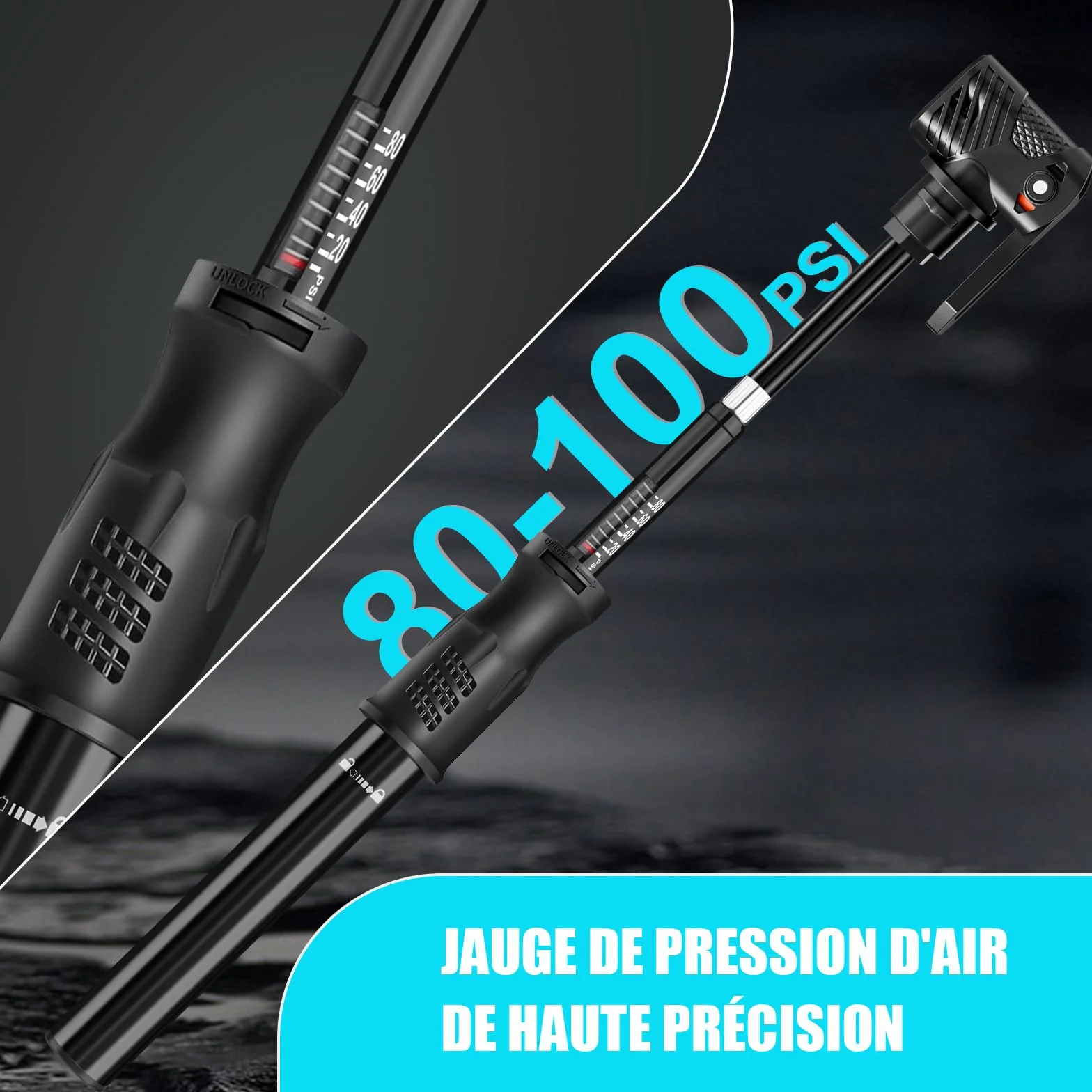 Pompe a Velo Avec Manometre, Mini Pompe à Main 100Psi, Portable Gonfleur Velo Double Soupape