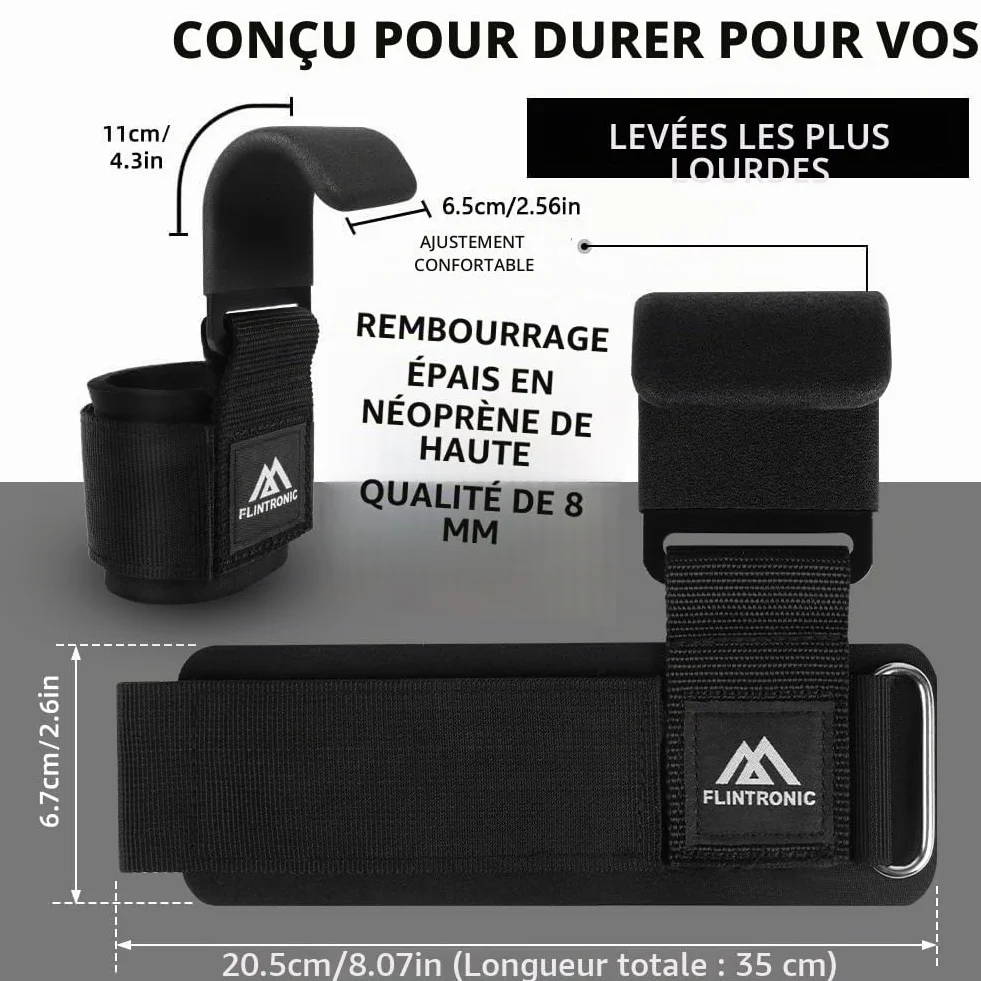 Flintronic Crochets d'haltérophilie 8 cm Néoprène Rembourré Bandage Poignet pour Powerlifting Levage Tirage Barre Crossfit