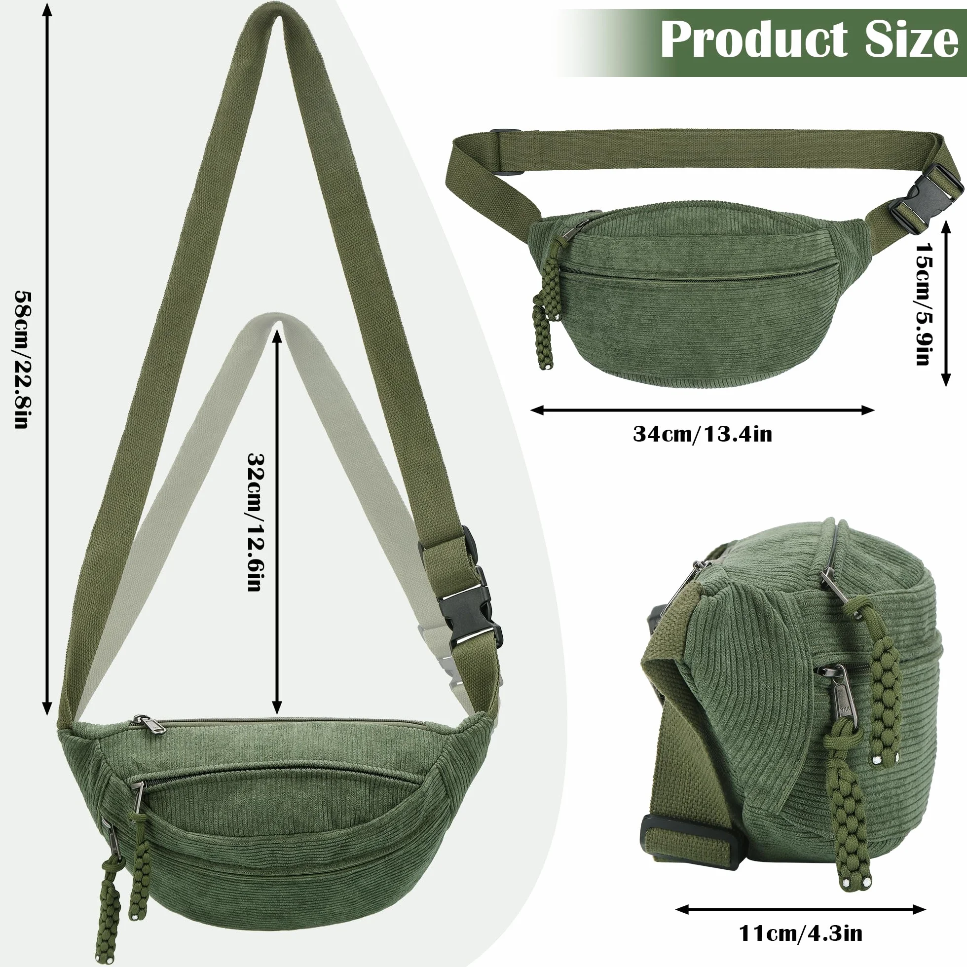 Sac Banane Femme Velours Côtelé Bandoulière Réglable Vert Randonnée Cyclisme