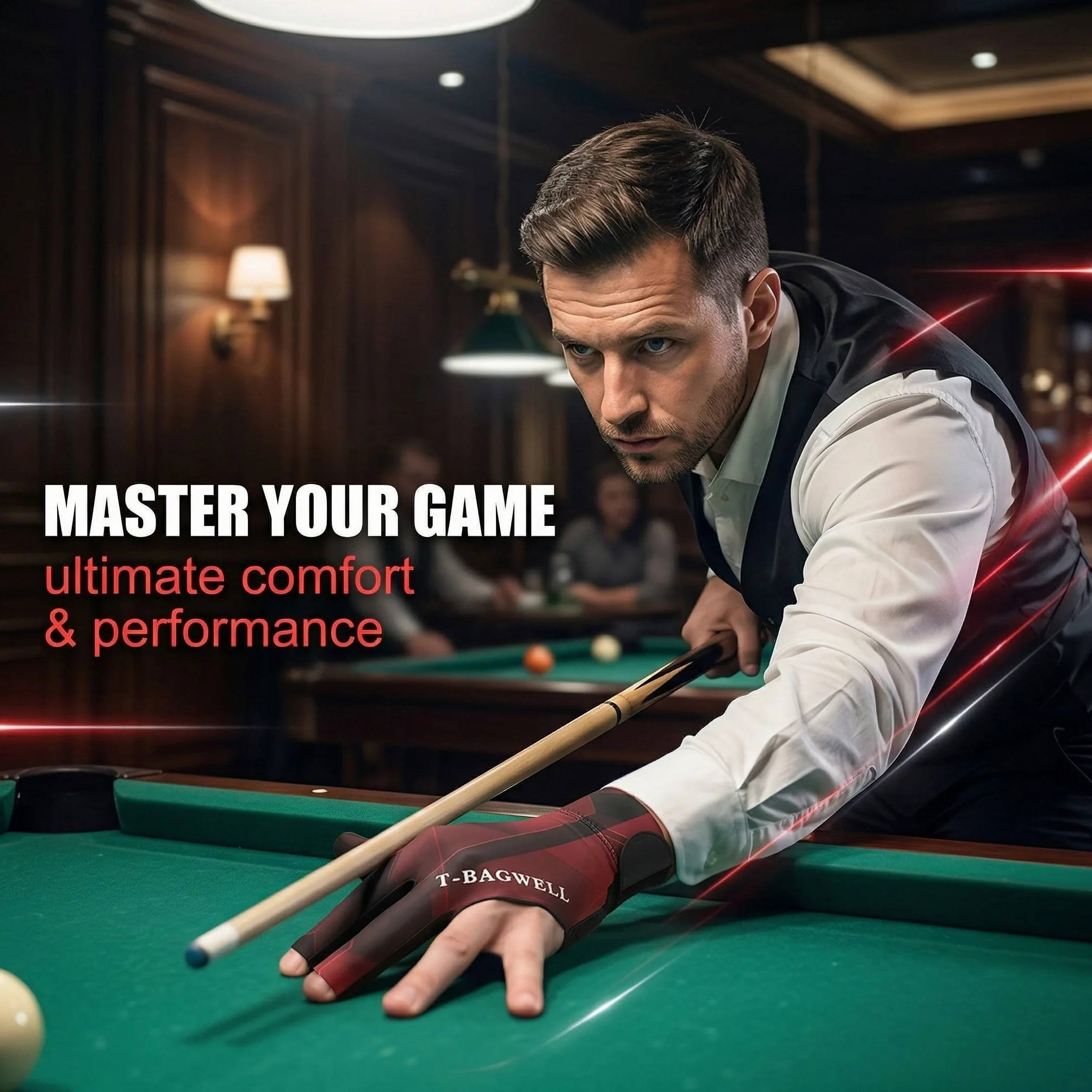Gant de Billard Main Gauche Homme Antidérapant Élastique 3 Doigts (Rouge)