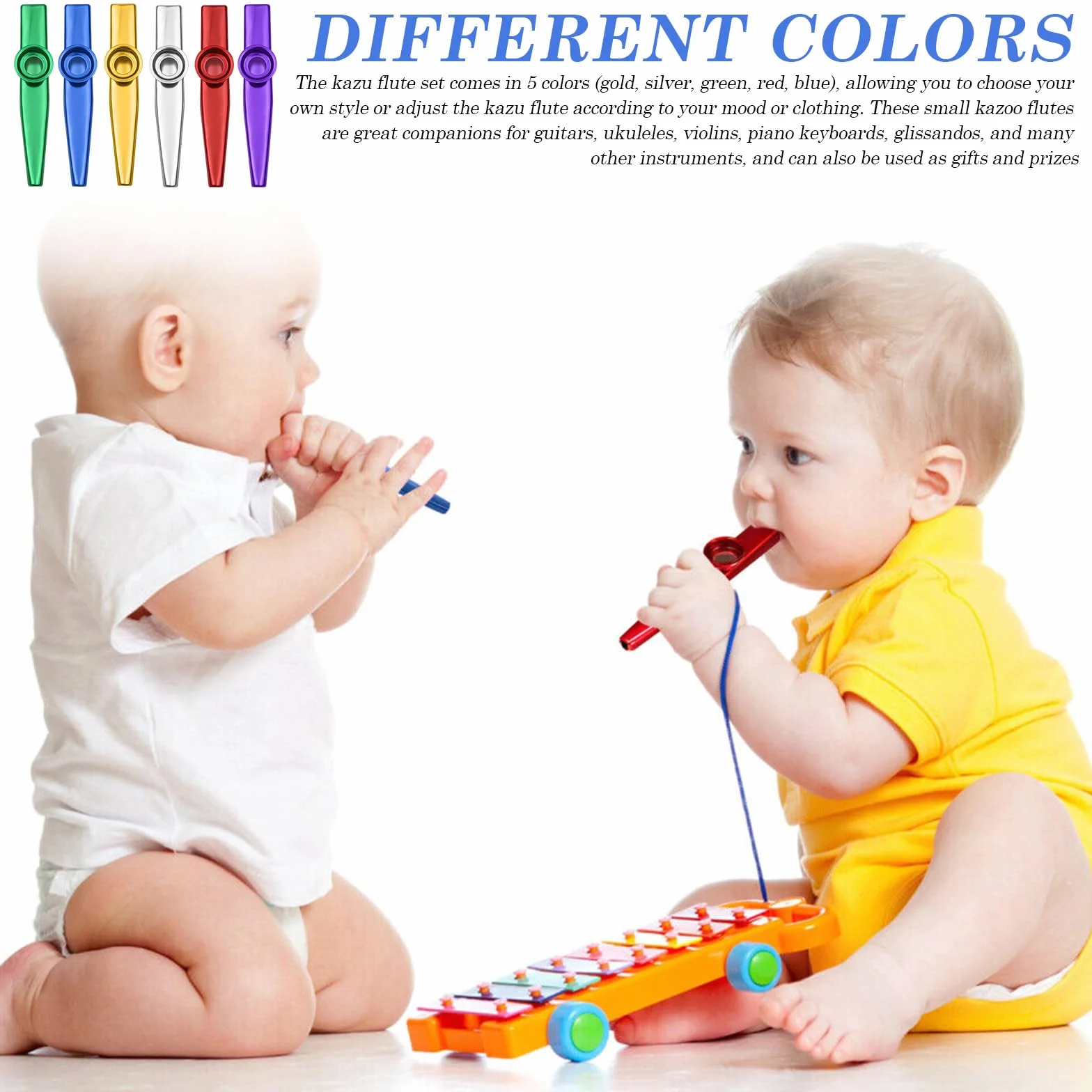 Ensemble de 18 Kazoos en plastique, Instrument de musique, Multicolore (Or, Argent, Vert, Rouge, Bleu)