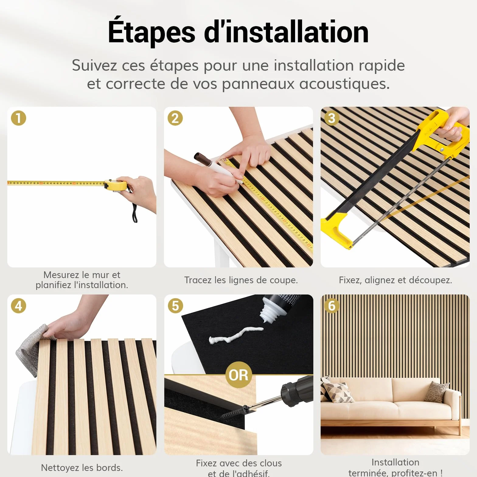 TONOR Panneau Mural Decoratif Bois 120x60cm 2.88㎡ Acoustique 3D Insonorisant Chêne