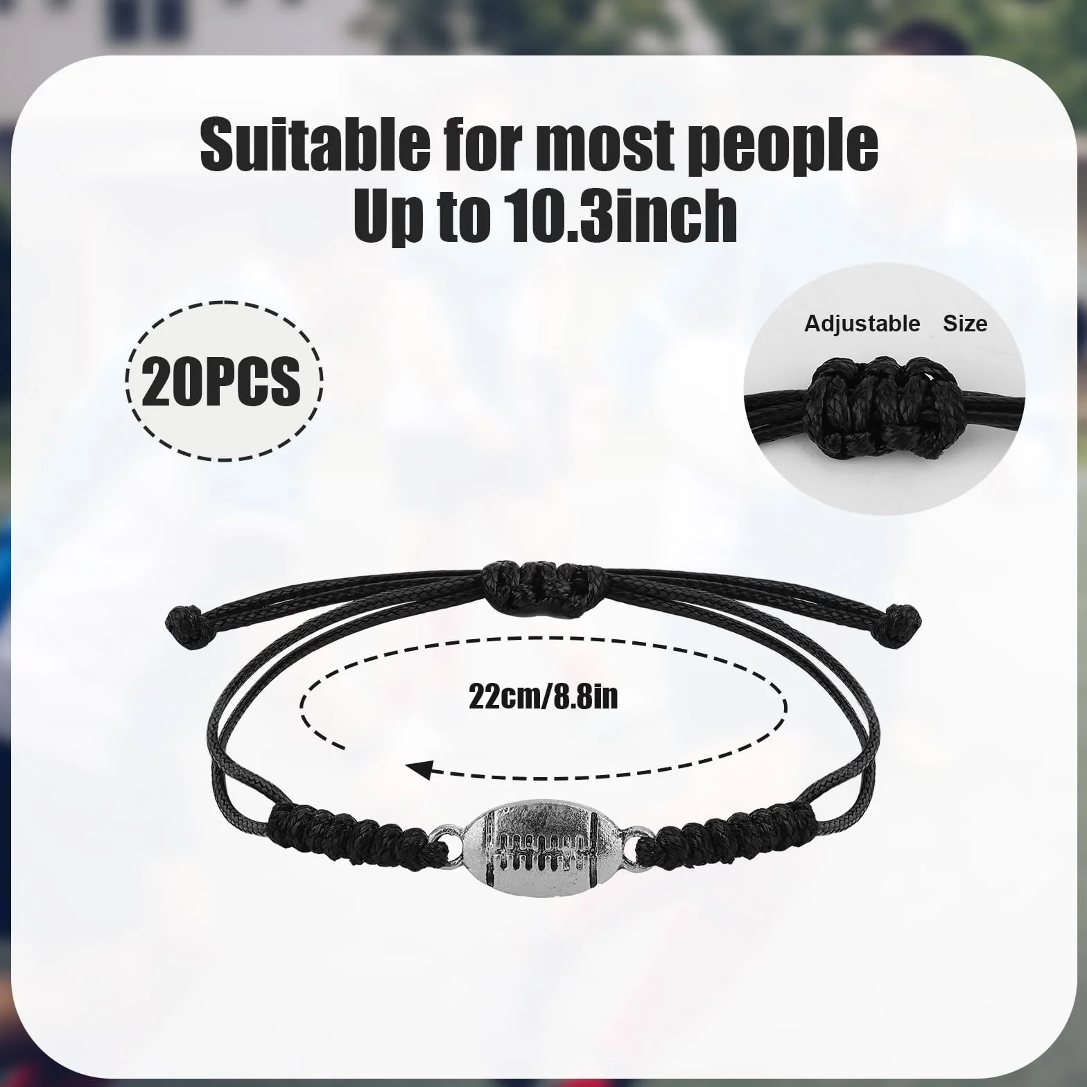 Bracelet Rugby Réglable Homme Corde Tressée avec Pendentif de Rugby 20pcs