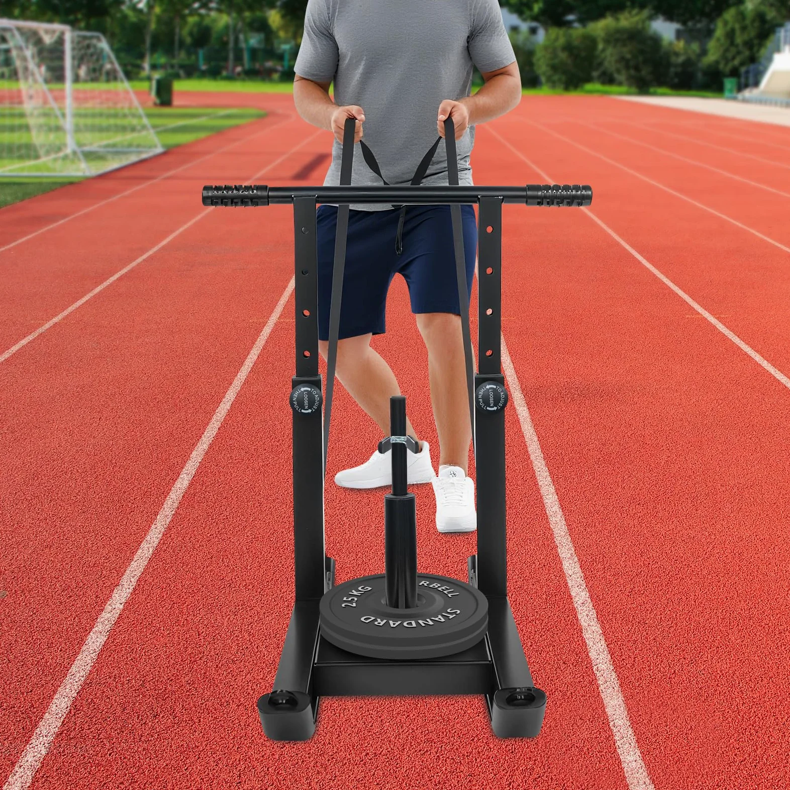 Luge de fitness réglable, capacité de charge de 200 kg, réglable en hauteur sur 5 niveaux pour l'entraînement de poussée et de traction, compatible avec disques de poids de 1" et 2", luge