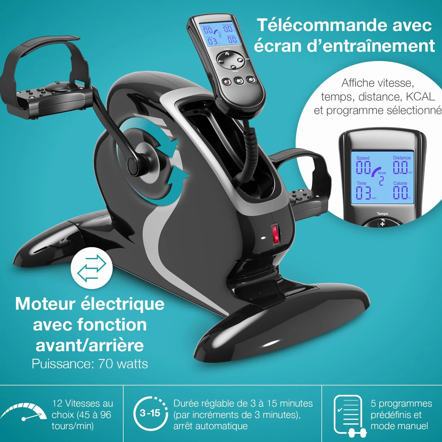 ELONEO Mini Vélo d'Appartement Pédalier 2 en 1 Motorisé 12 Vitesses Écran LCD