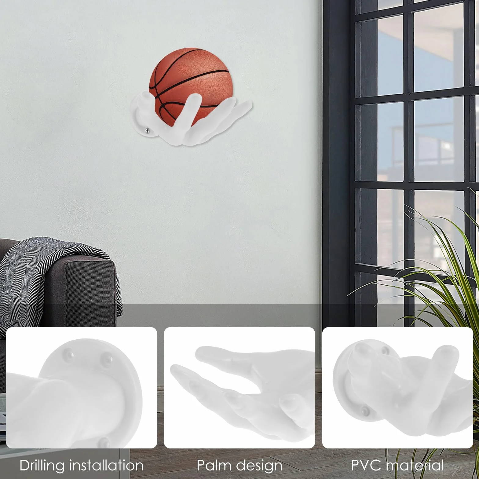 Support mural pour ballon de basketball en forme de main noir, économisant l'espace