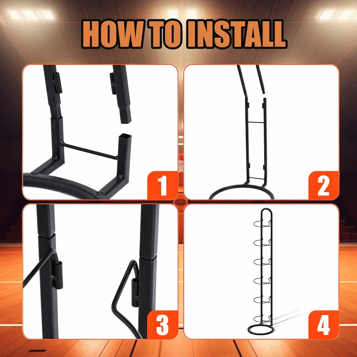 Support Ballon Basket en Métal 6 Niveaux, Rangement Vertical, Porte Ballon Amovible pour Football, Basketball, Volleyball, Rugby