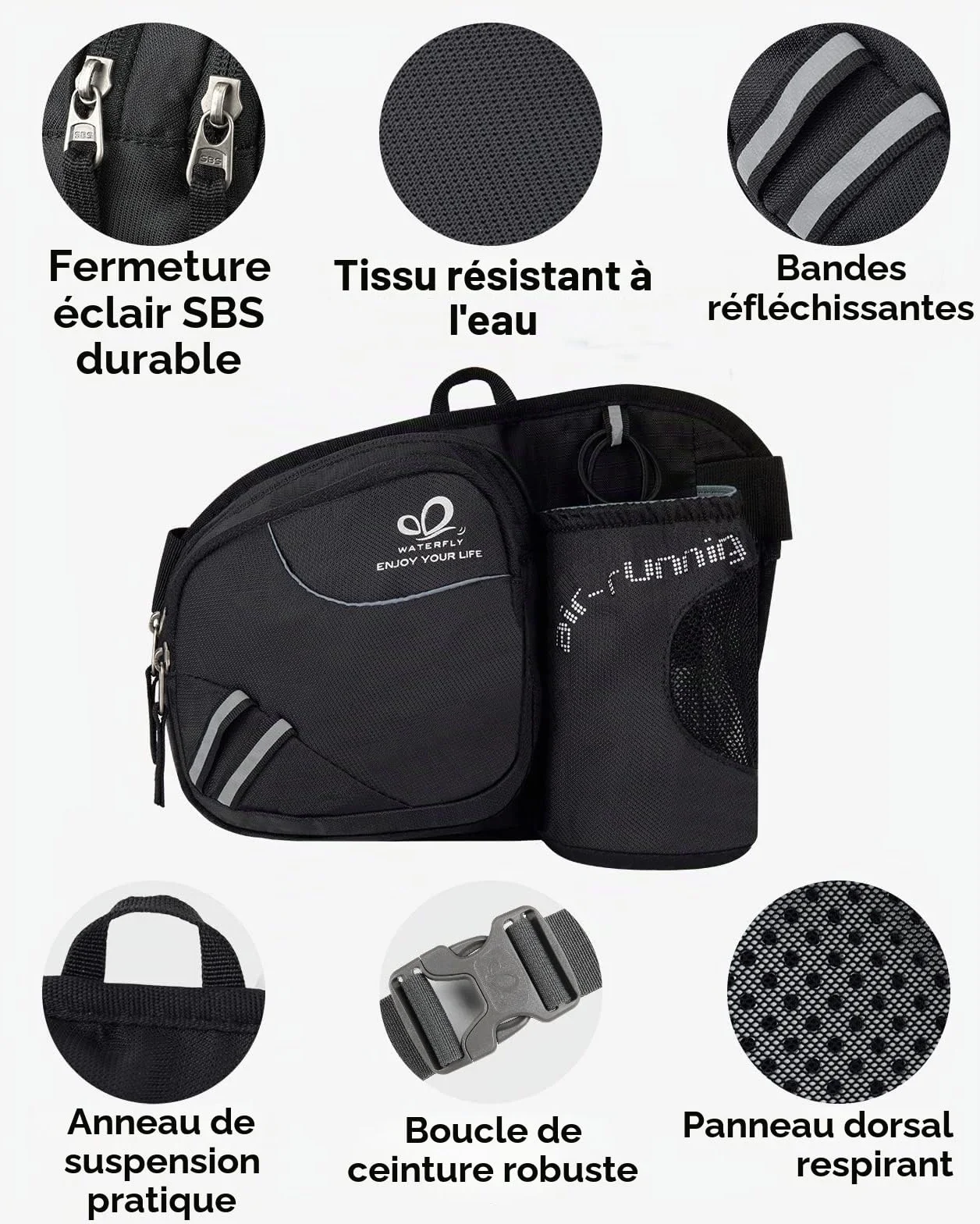 Waterfly Sac Banane Homme Femme Sacoche Banane Sport Ceinture Course Porte Bouteille