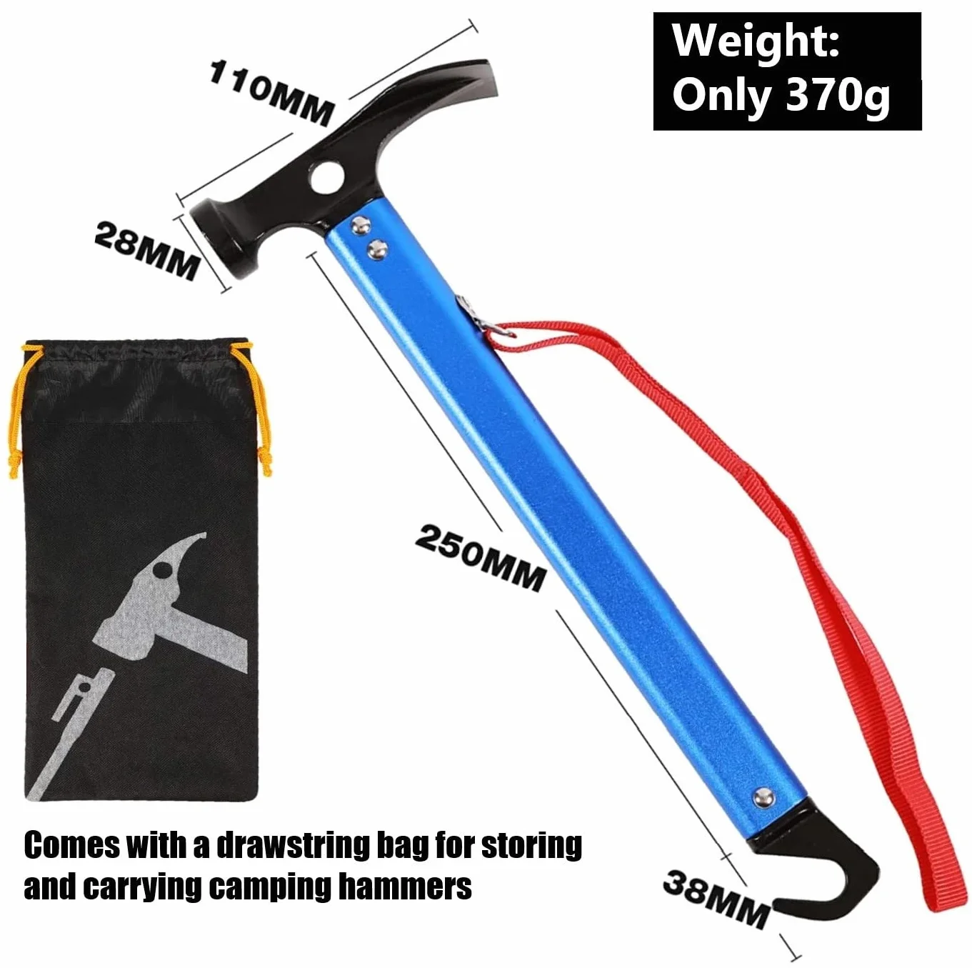 LATERN Marteau De Camping Avec Crochet, 30cm Marteau De Tente En Aluminium Maillet De Camping En Plein Air Marteau De Piquet De Tente Multifonctionnel Avec Sac De Rangement à Cordon (Bleu)