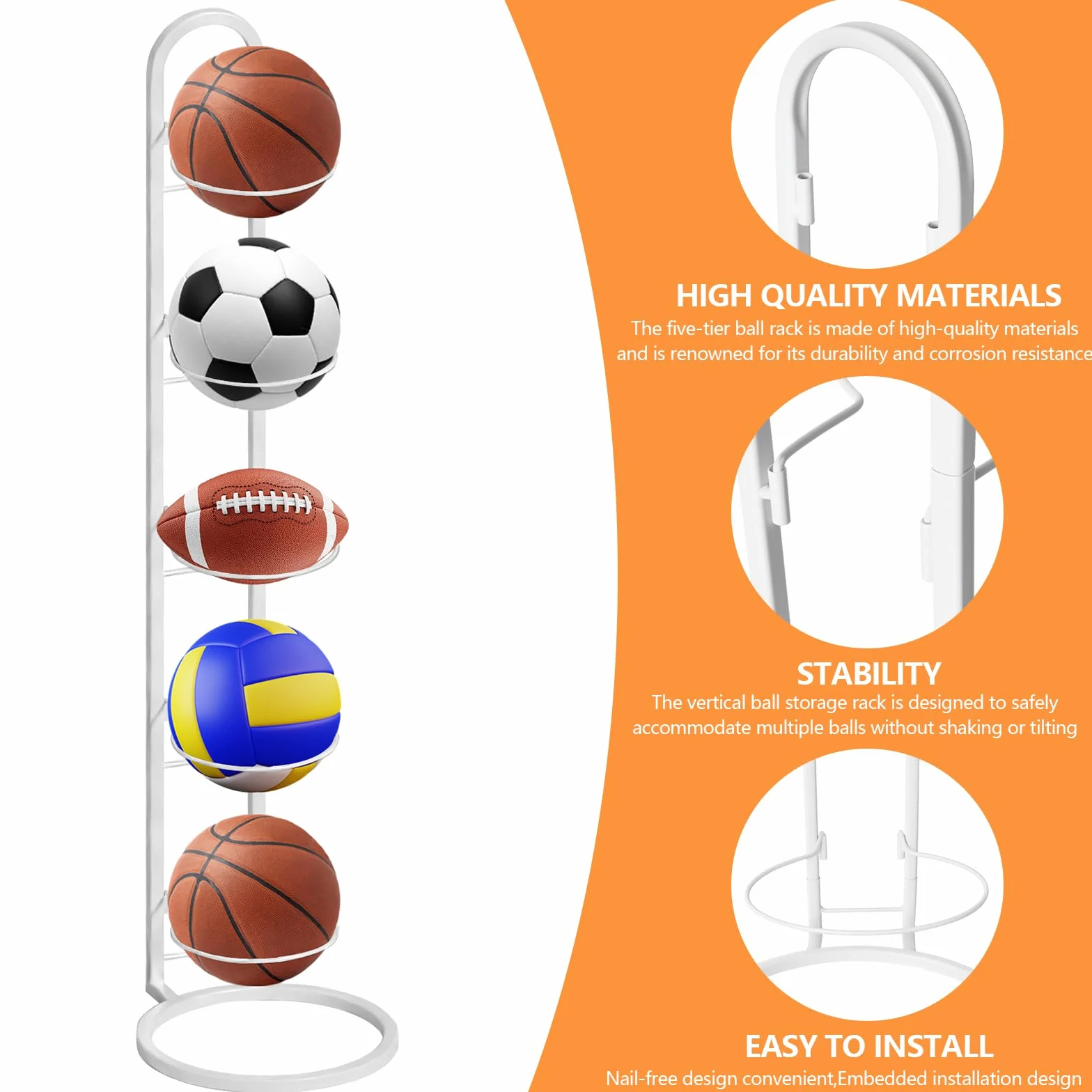 Support Ballon Basket 5 Niveaux en Métal Blanc, Porte Ballon Amovible pour Football/Basket/Volley - Organisation Garage