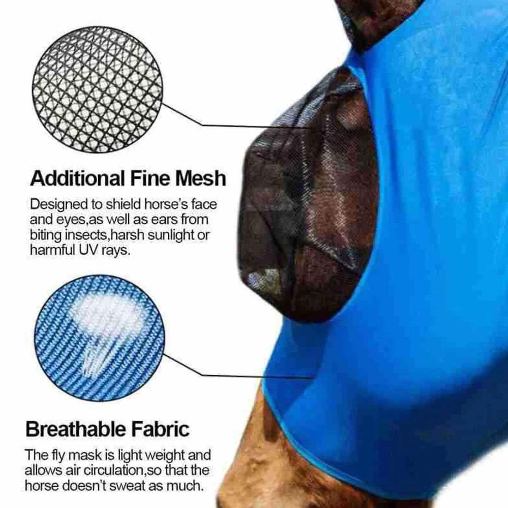 Masque anti-mouches pour chevaux avec oreilles, lycra respirante, protection UV, 3 pièces