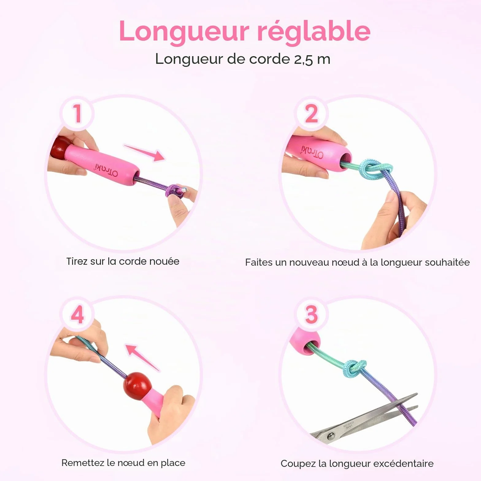 Corde à sauter arc-en-ciel réglable pour enfants avec poignée en bois