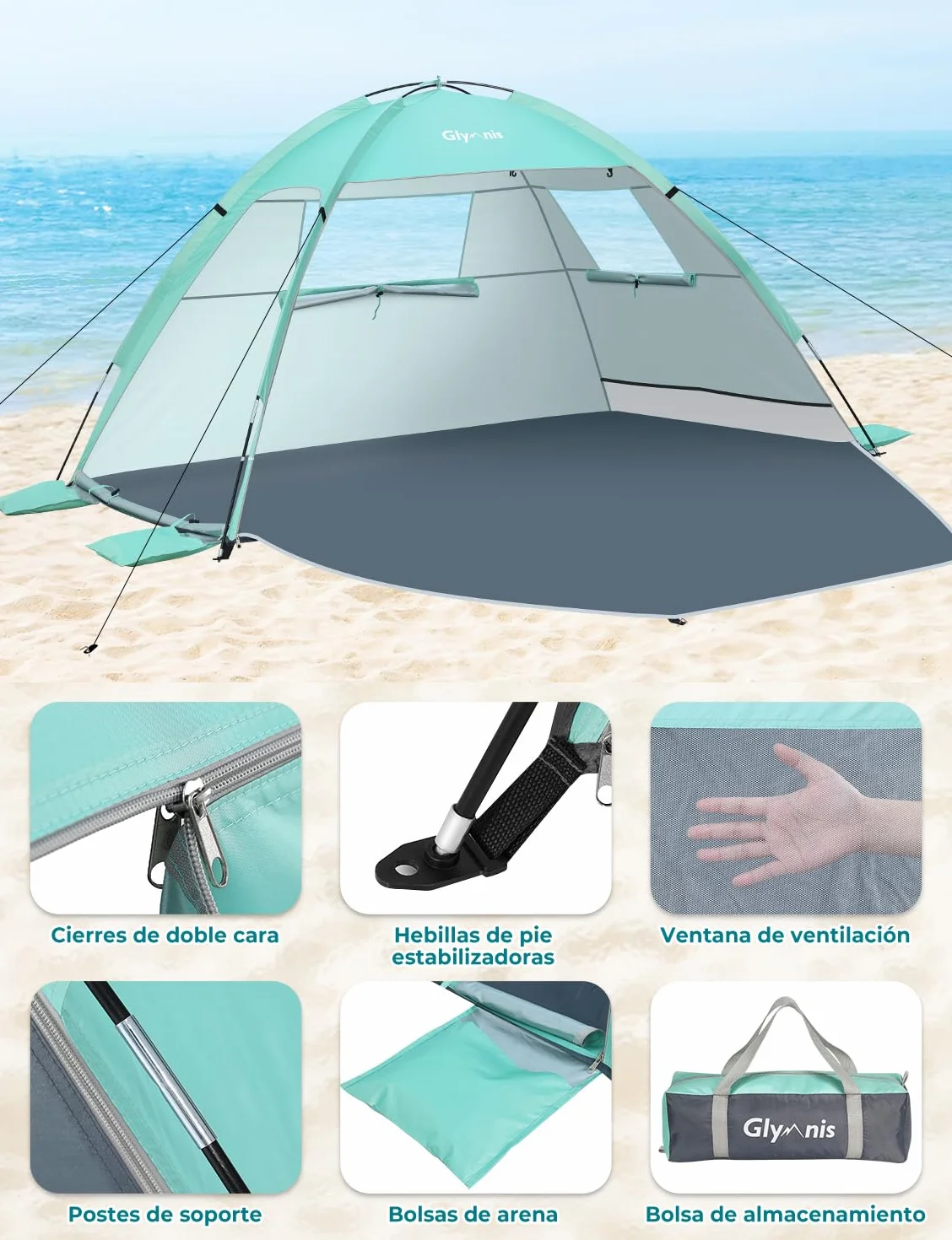 Glymnis Tente de plage, abri de plage pour 2-3 personnes, tente de plage avec double porte zippée, fenêtres ventilées, protection UPF 50+, pour plage, parc, pêche