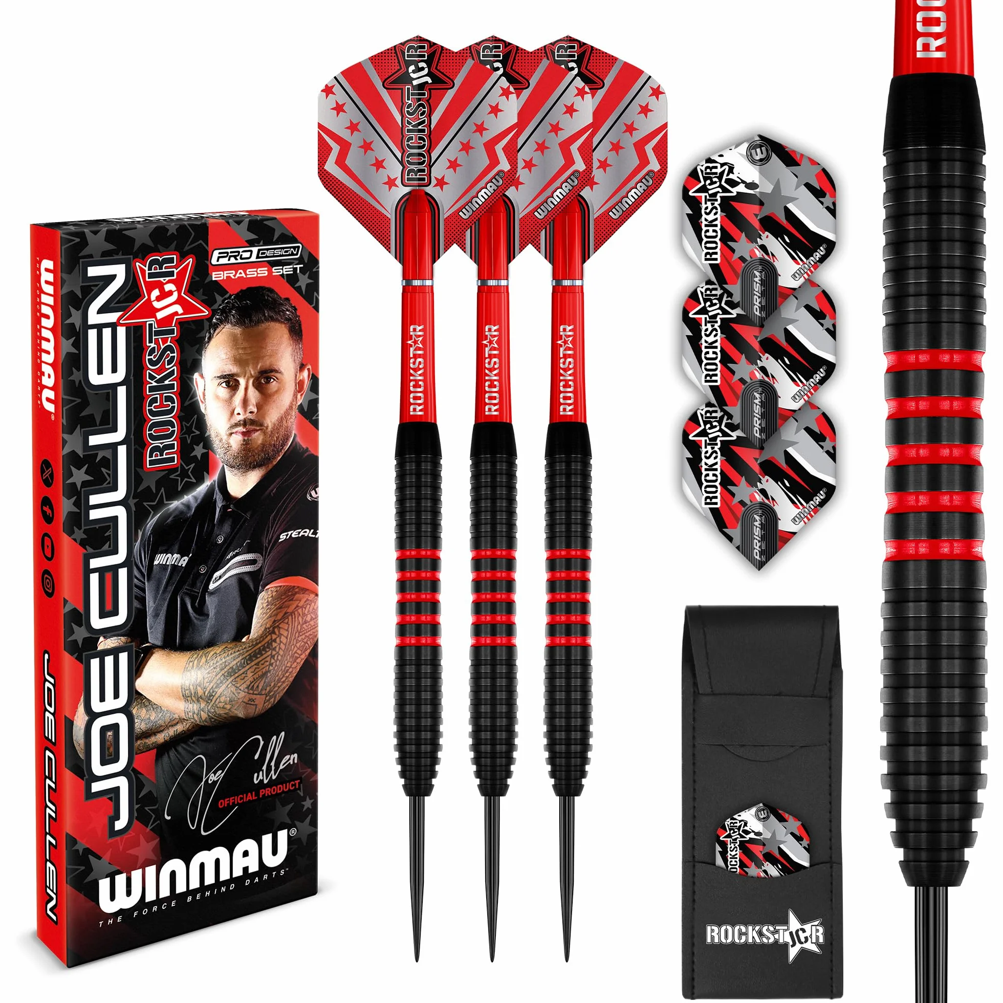WINMAU Darts Joe Cullen Rockstar 20g Laiton Jeu de fléchettes avec ailettes tiges Carte de Score