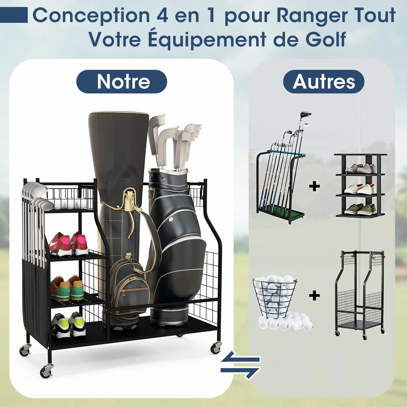 GOPLUS Organisateur de Rangement pour Club de Golf, Étagère avec Roues Verrouillables pour 2 Sacs et 8 Clubs