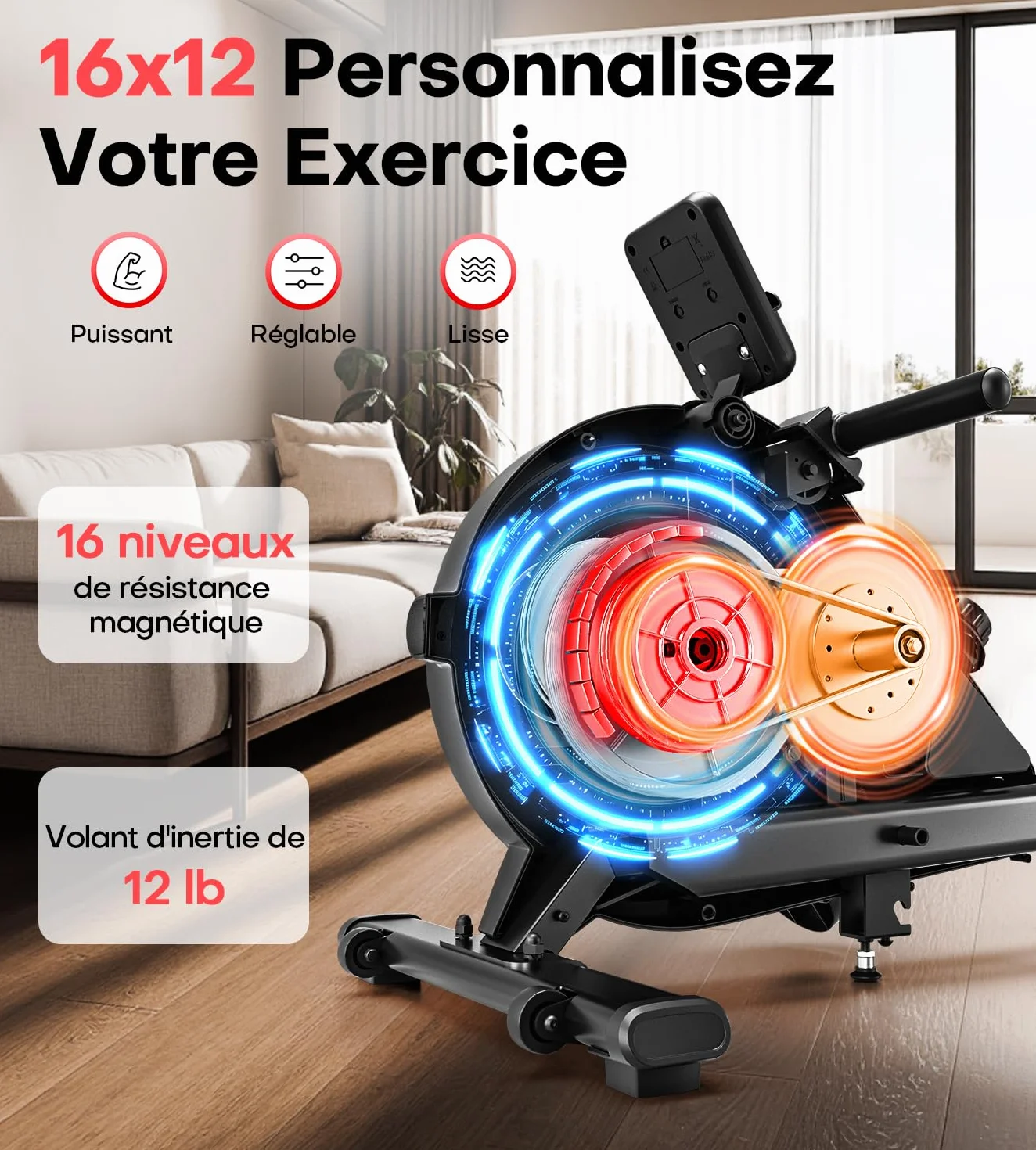 MOSUNY Rameur Magnétique 16/32 Niveaux Résistance Glissières Doubles Ultra Silencieux 160/180 kg