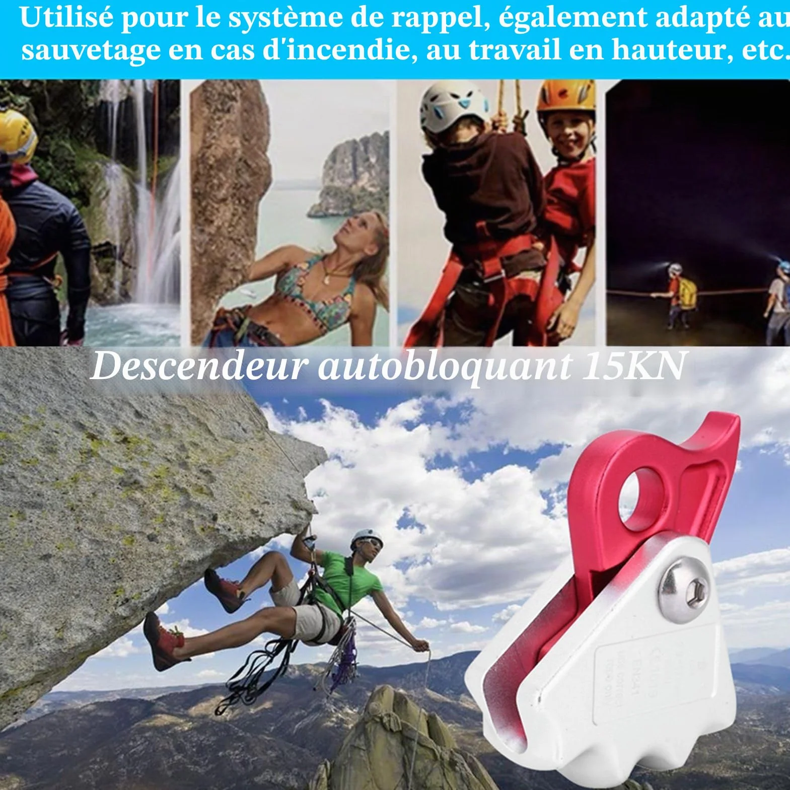 Descendeur D'arrêt Autobloquant 15 KN Descendeur d'escalade pour Équipement d'escalade et Gréement de Corde de 9 à 12 mm
