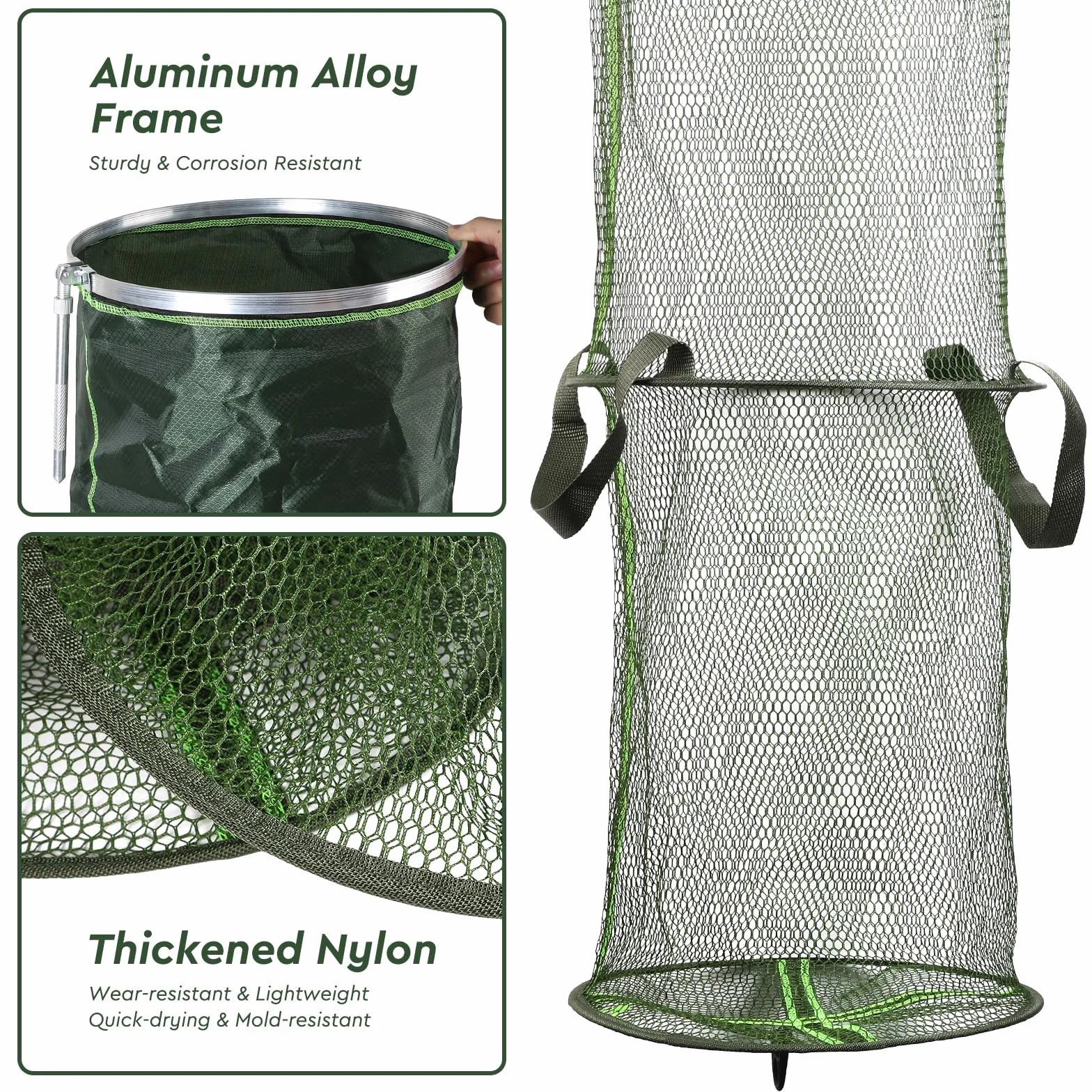 SWAWIS Filet de Maille des Poissons Pliable 170x33x33cm/200x33x33cm, Nylon et Alliages d'Aluminium, Panier à Poissons pour Conservation Temporaire du Poisson Crevettes Crabes Pendant la Pêche