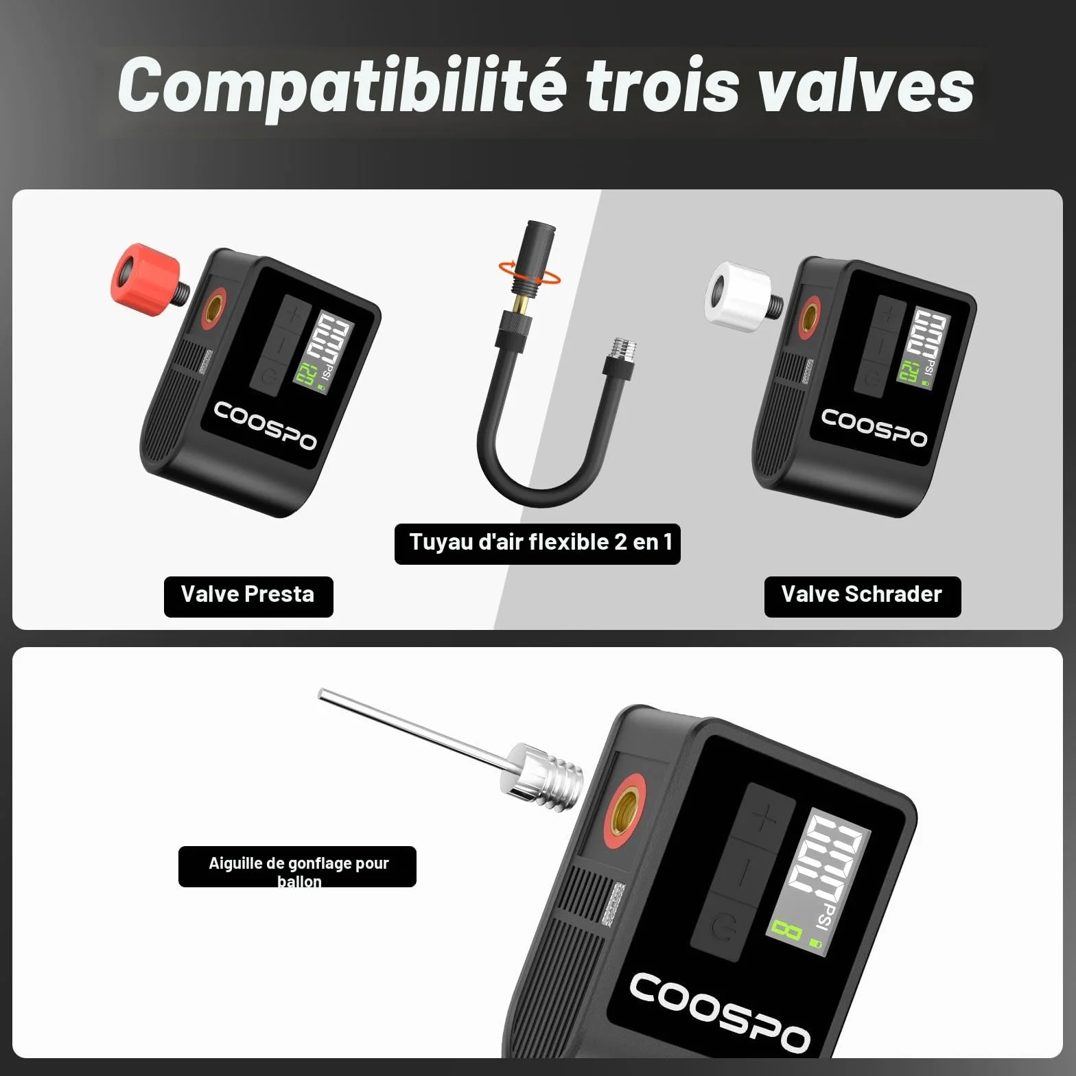 CooSpo Pompe à Velo Electrique, Mini Pompe Portable, Max 120 PSI avec Valves Presta Schrader