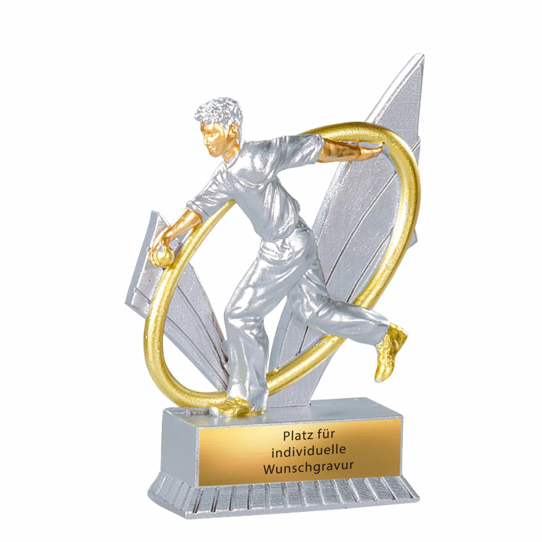 Trophée de pétanque XS de 12 cm | Joueur de pétanque en trophée | Prix Boccia Award | Prix de Bouleturnier | Joueur avec boule de pétanque argenté/doré | Bosseln Coupe avec texte au choix
