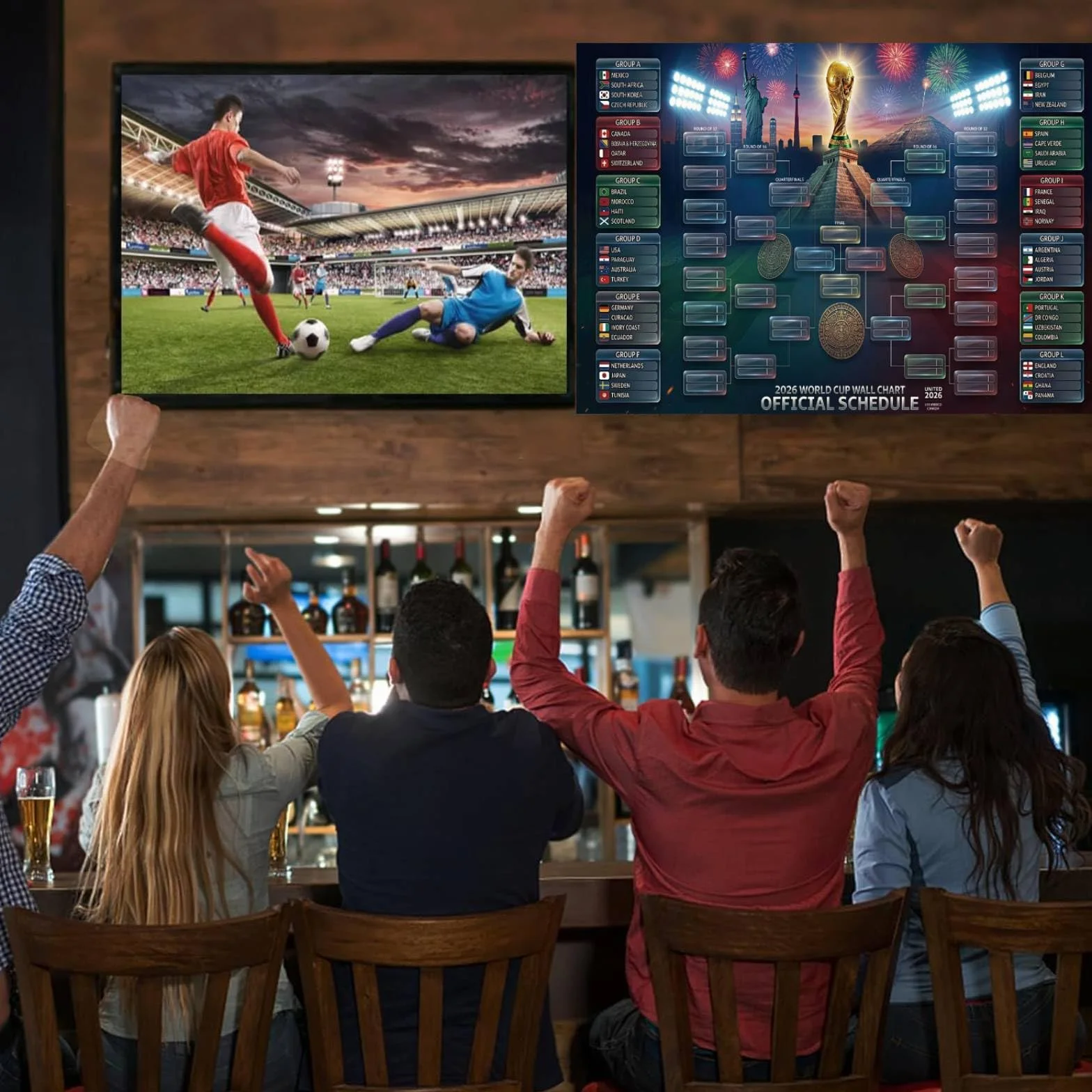 Calendrier Coupe du Monde 2026 Affiche Murale 150x100cm Tableau des Matchs 48 Équipes