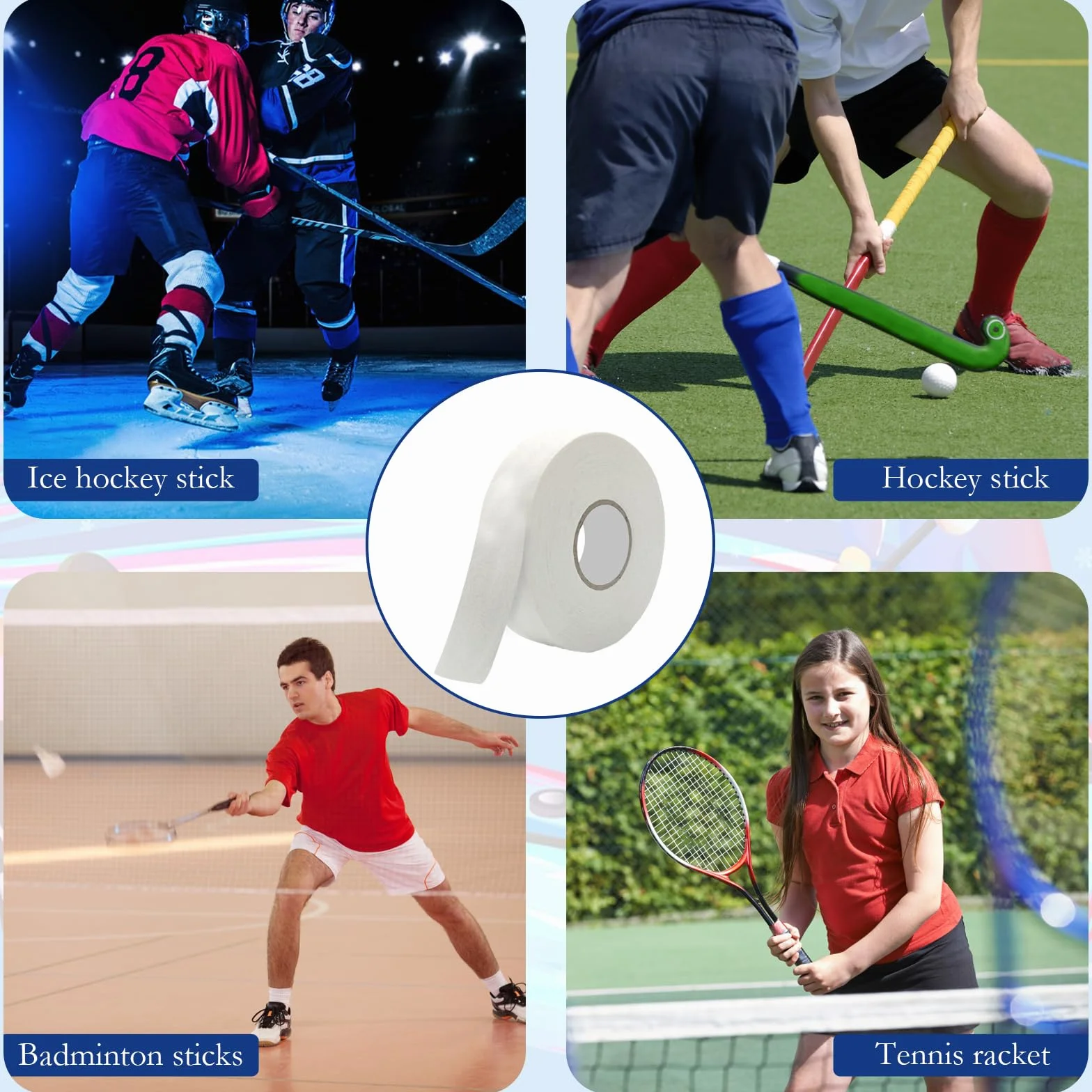 Ruban de Hockey Rouleaux, Poignée de Bâton, Autocollant Bande Auto-Adhésif pour Hockey sur Glace, Badminton, Raquette, Squash, Tennis