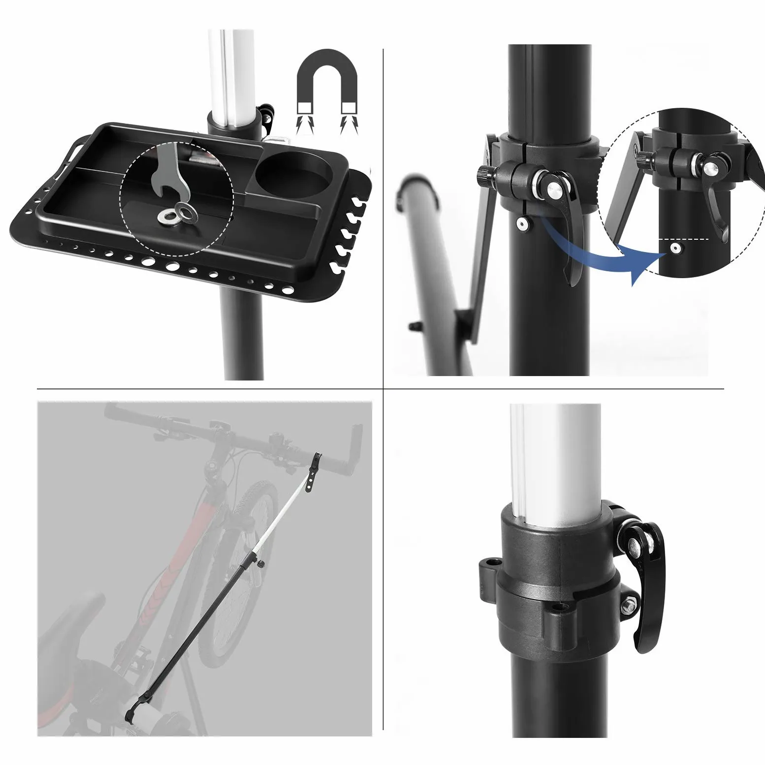 SONGMICS Support de réparation de vélo, Pieds d’Atelier, en Aluminium, avec Plateau à Outils magnétique, Réglable, Léger, Portatif, pour Entretien et Réparation Bicyclette, Noir SBR04B