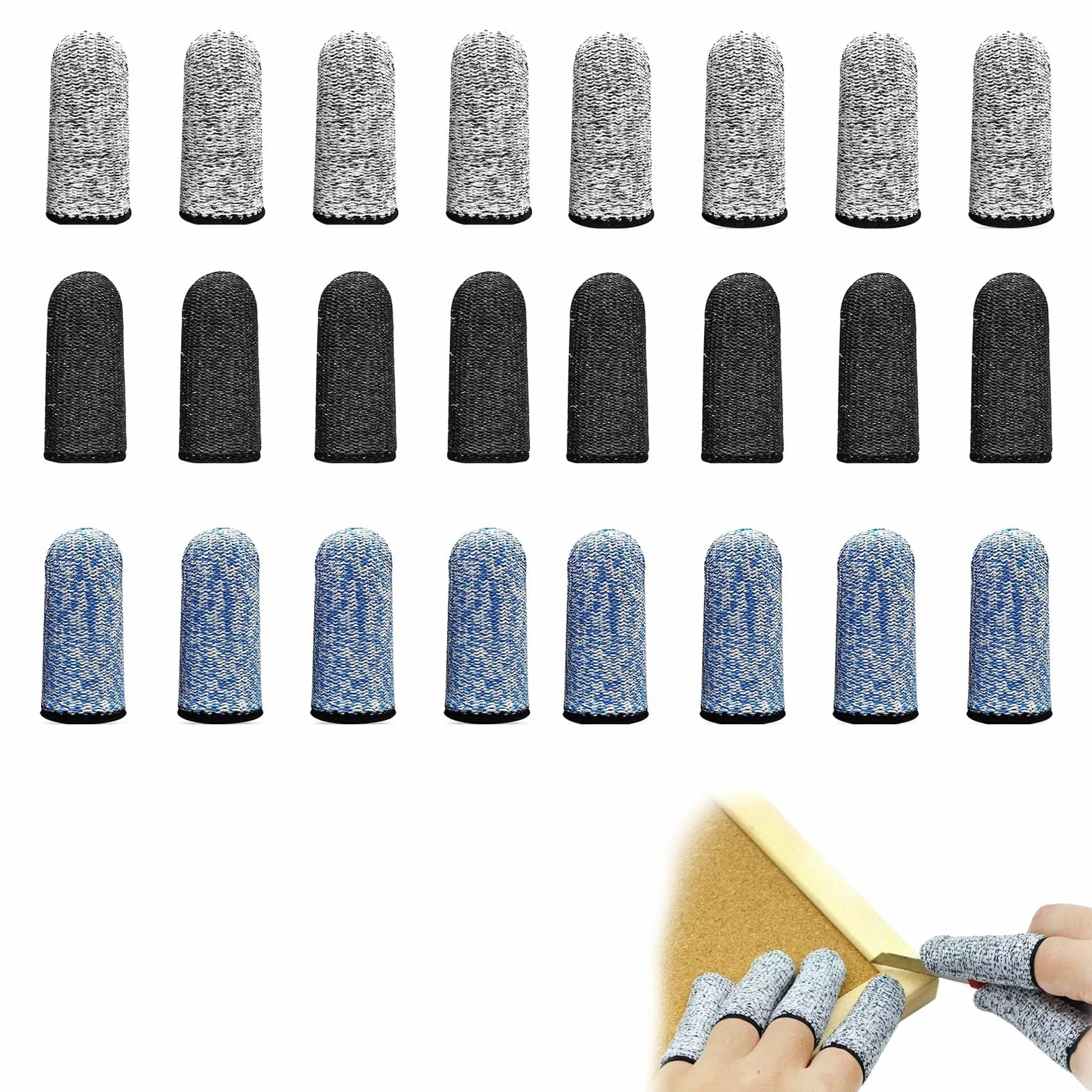 Lot de 24 Protège-doigts Réutilisables Antidérapants Résistants aux Coupures Bleus Noirs Gris