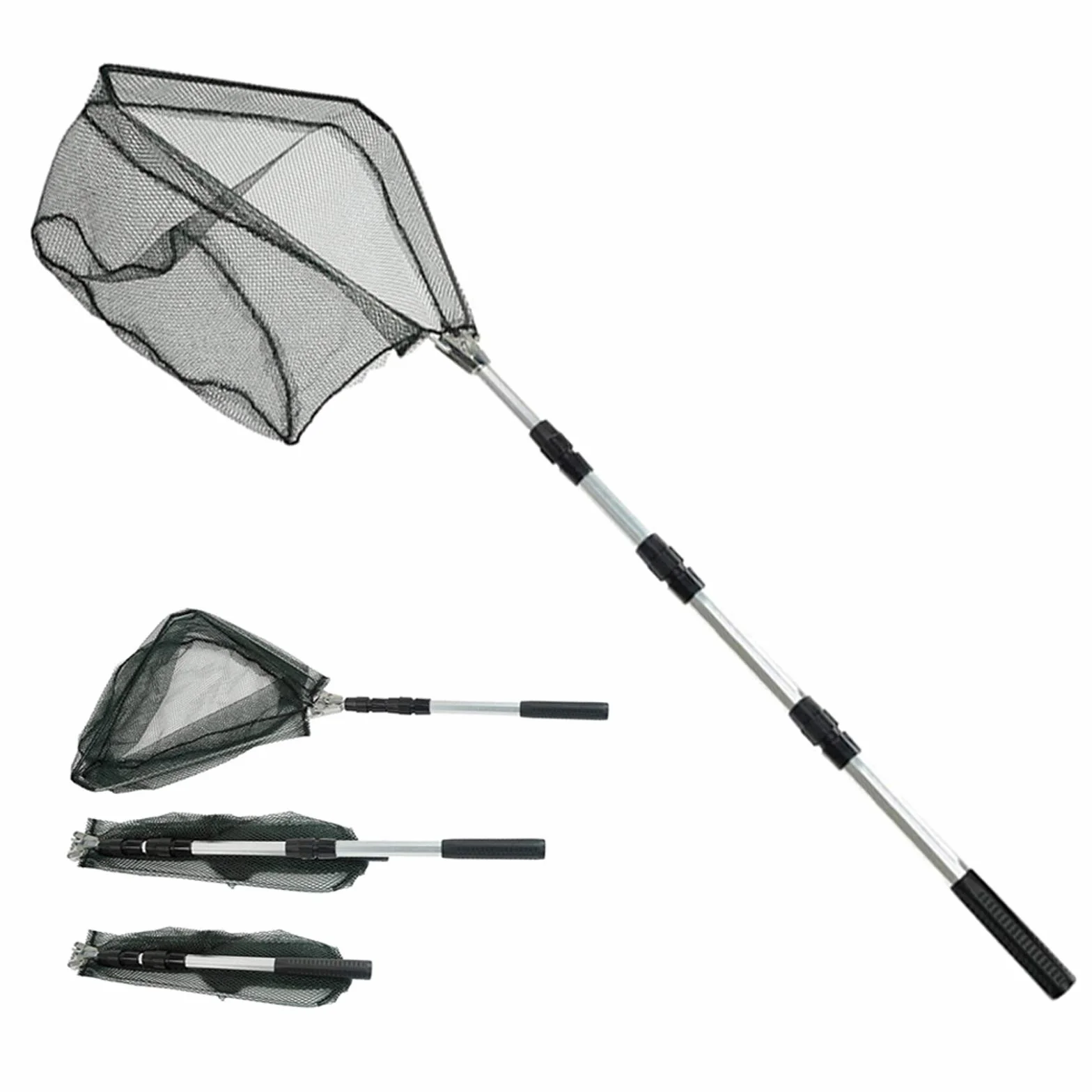 Épuisette de pêche télescopique et pliable, 1,9 m, manche long en aluminium, triangulaire en acier inoxydable, pour attraper des oiseaux, aquarium, étangs, objets flottants, carpe truite