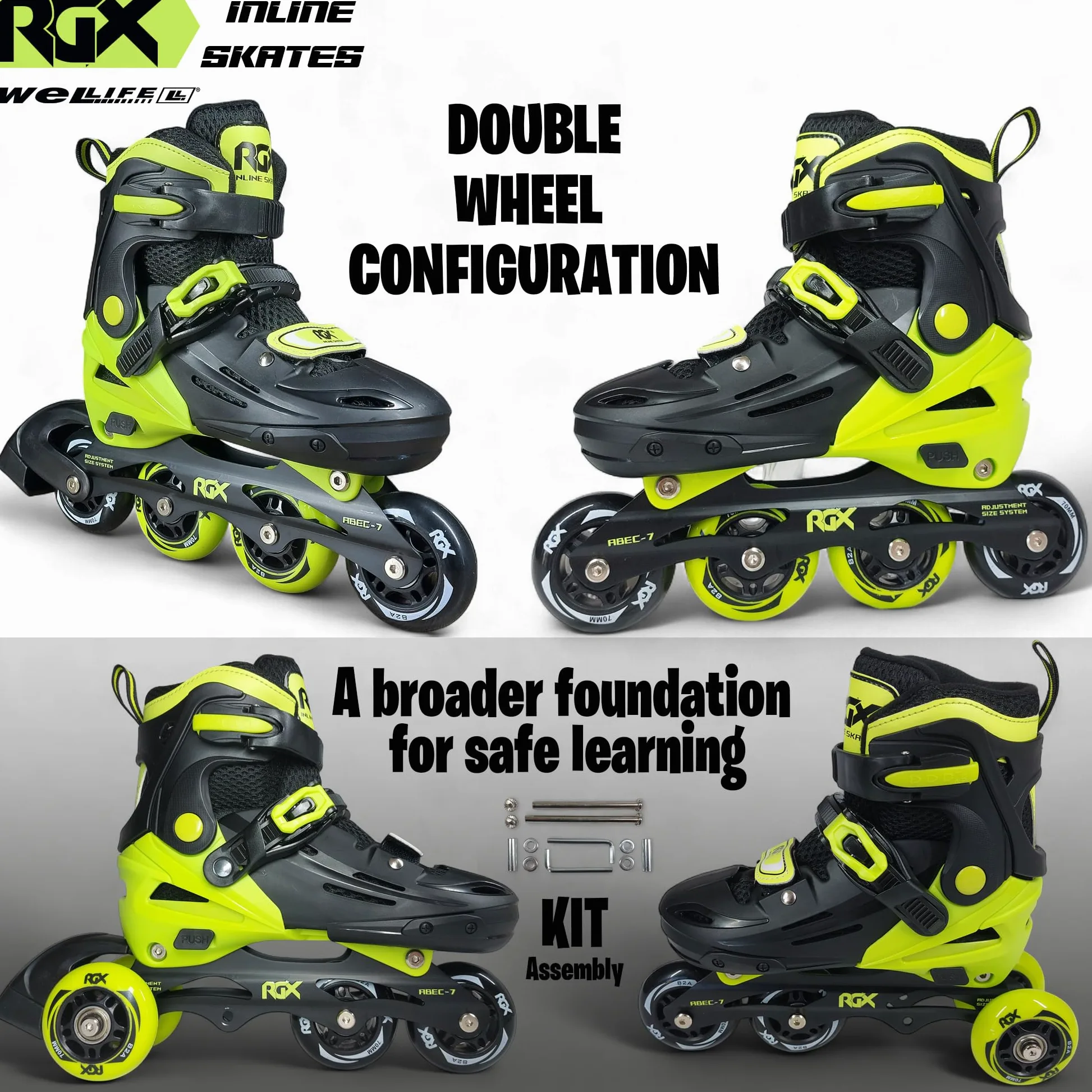 WeLLIFE RGX Patins en ligne réglables pour enfants et adolescents 4 tailles | Double configuration des roues pour débutants | Coque rigide et doublure en velours | plaque aluminium | roulements ABEC-7