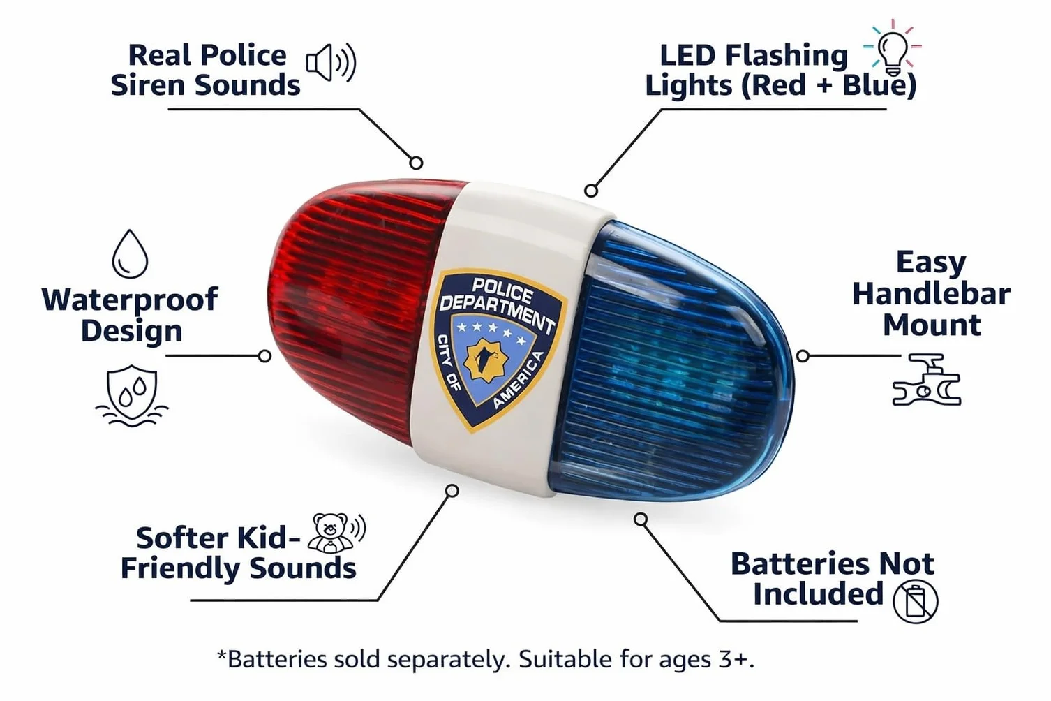 Playmags Lampe de Vélo Enfants avec Sons Sirène LED Rouge/Bleu Clignotantes Étanche 3+