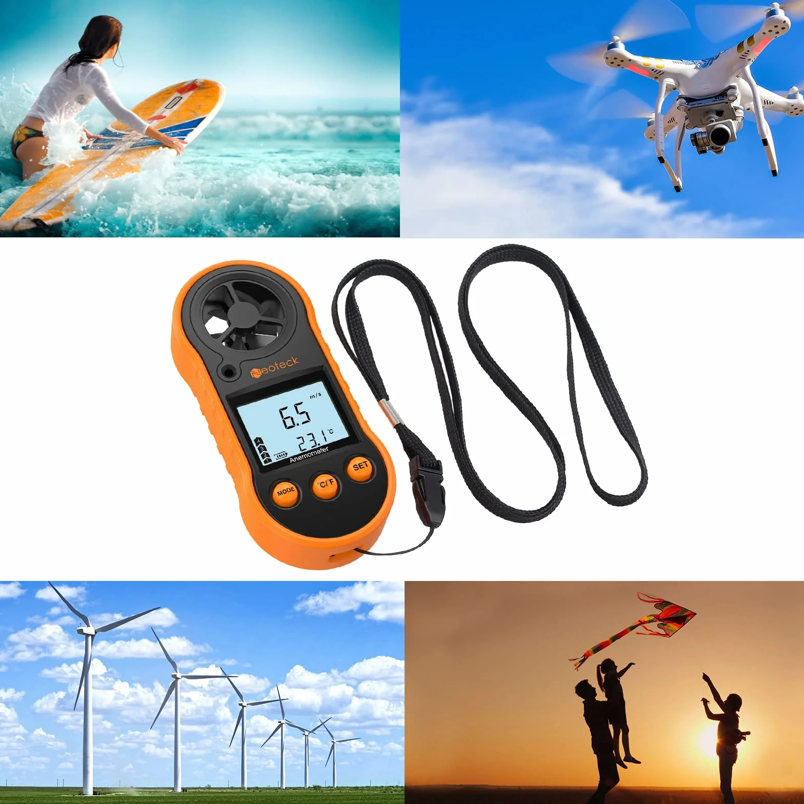 Anémomètre numérique avec écran LCD pour la vitesse du vent, débit d'air et température