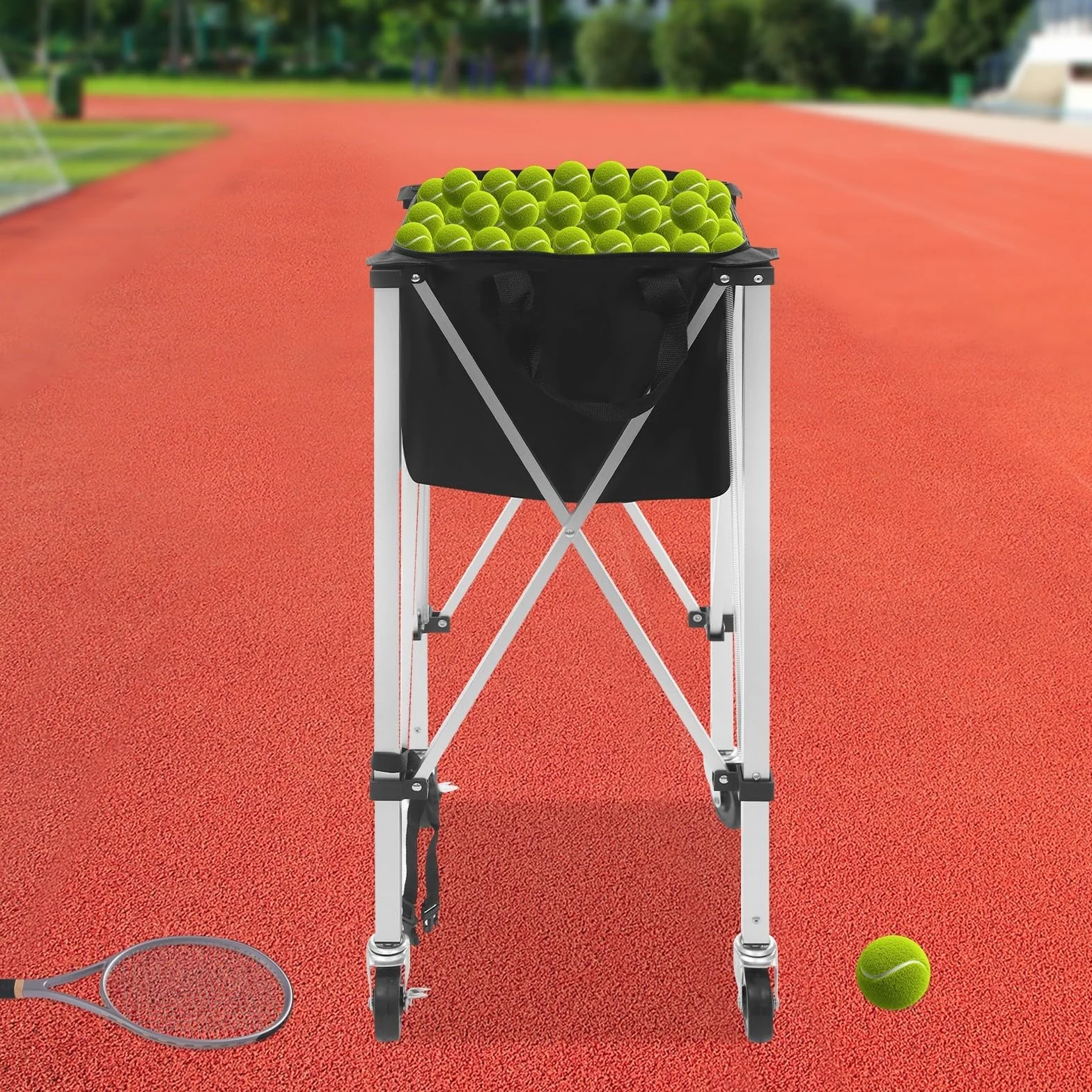 Panier à balles de tennis pliable avec roues pour balles de 150 à 170 balles en aluminium Oxford pour courts de tennis, écoles, parcs à la maison, avec poignée de transport pratique
