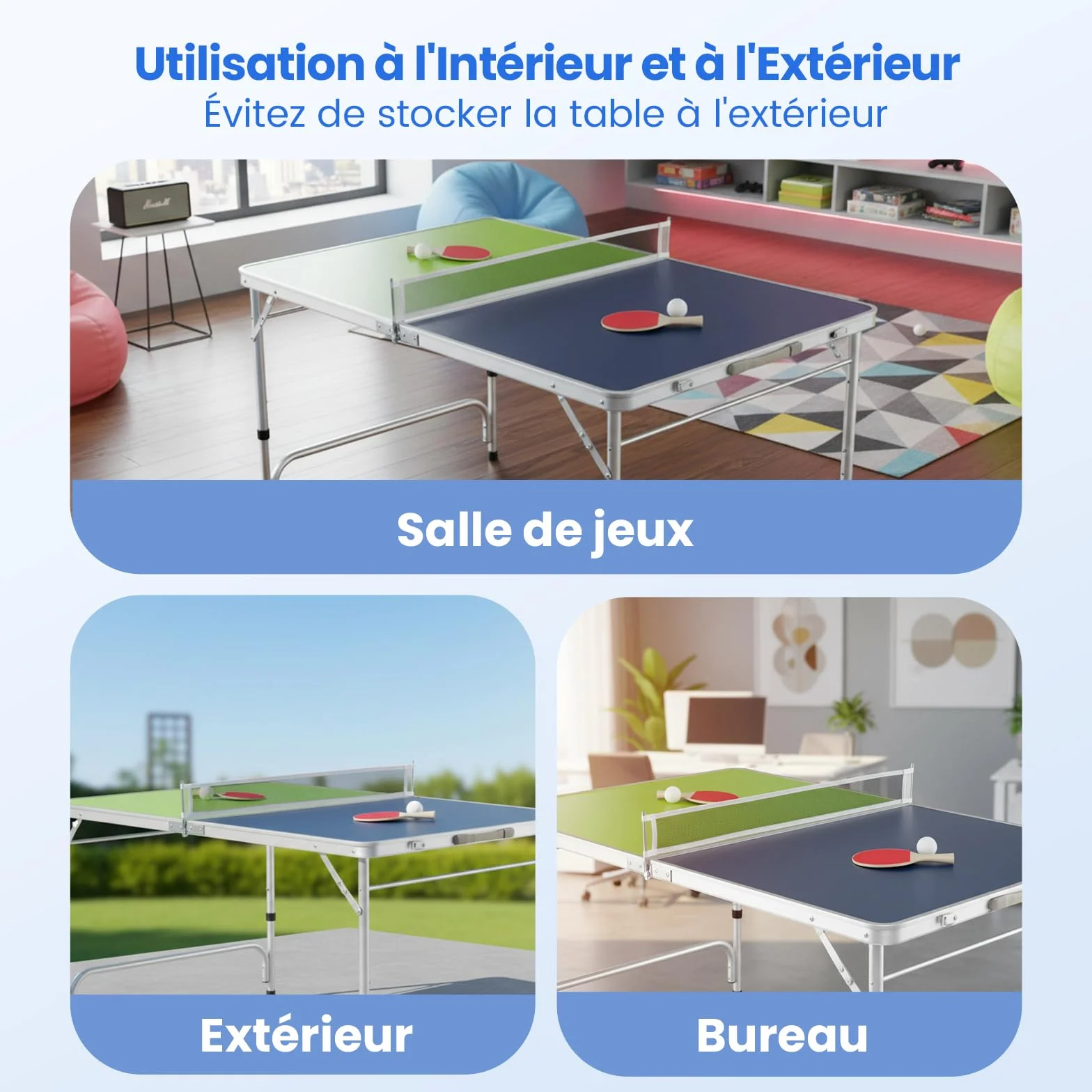 COSTWAY Table de Ping-Pong Pliable 120 x 76 cm, Set Mini Tennis Table Peu Encombrante avec Filet 2 Raquettes 2 Balles Hauteur Réglable 3 Niveaux, Cadre en Aluminium, pour Extérieur Intérieur