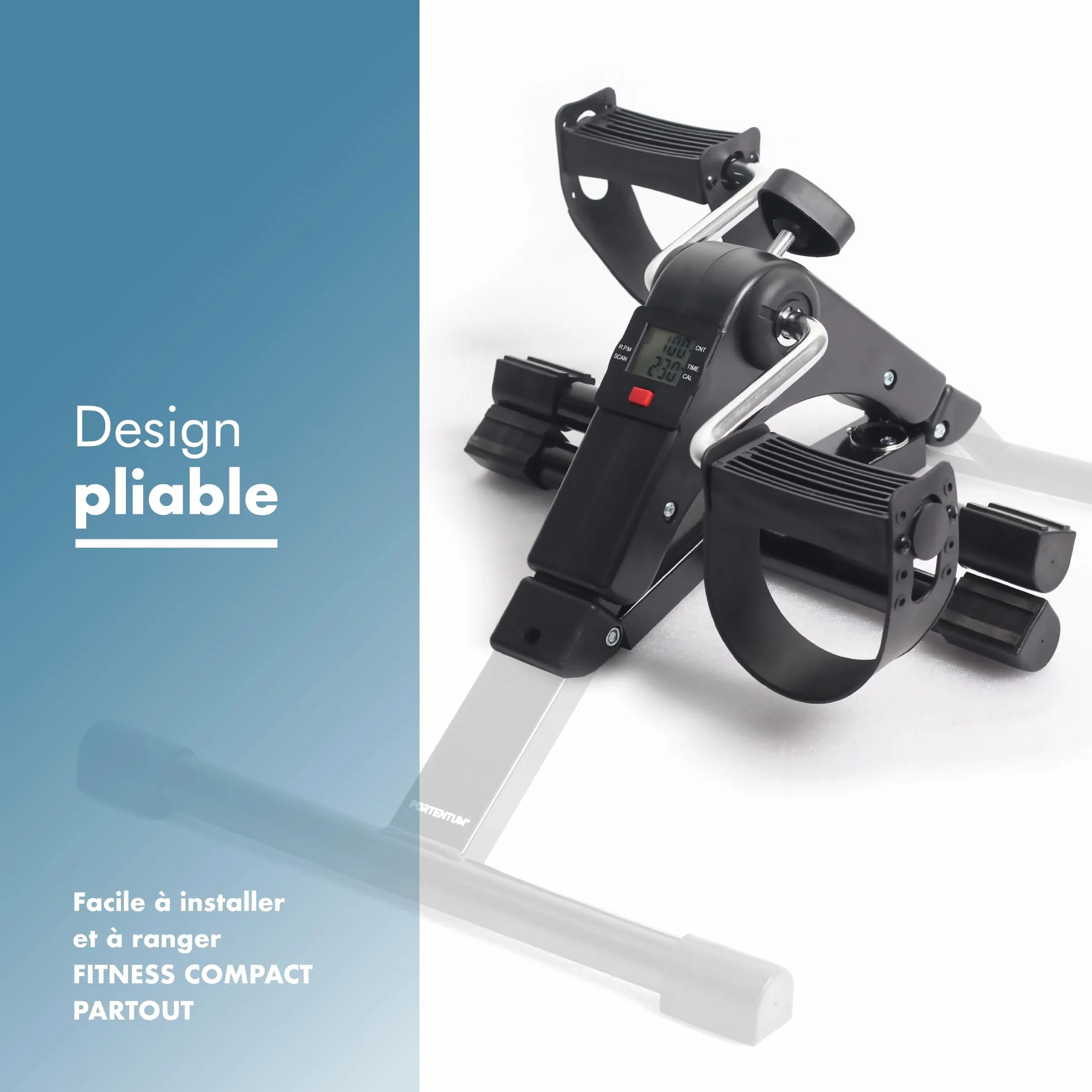 PORTENTUM Pedalier d’Appartement Senior Pliable Écran LCD 5 Fonctions Mini Velo Bras et Jambes Compact Résistance Réglable Design Portable