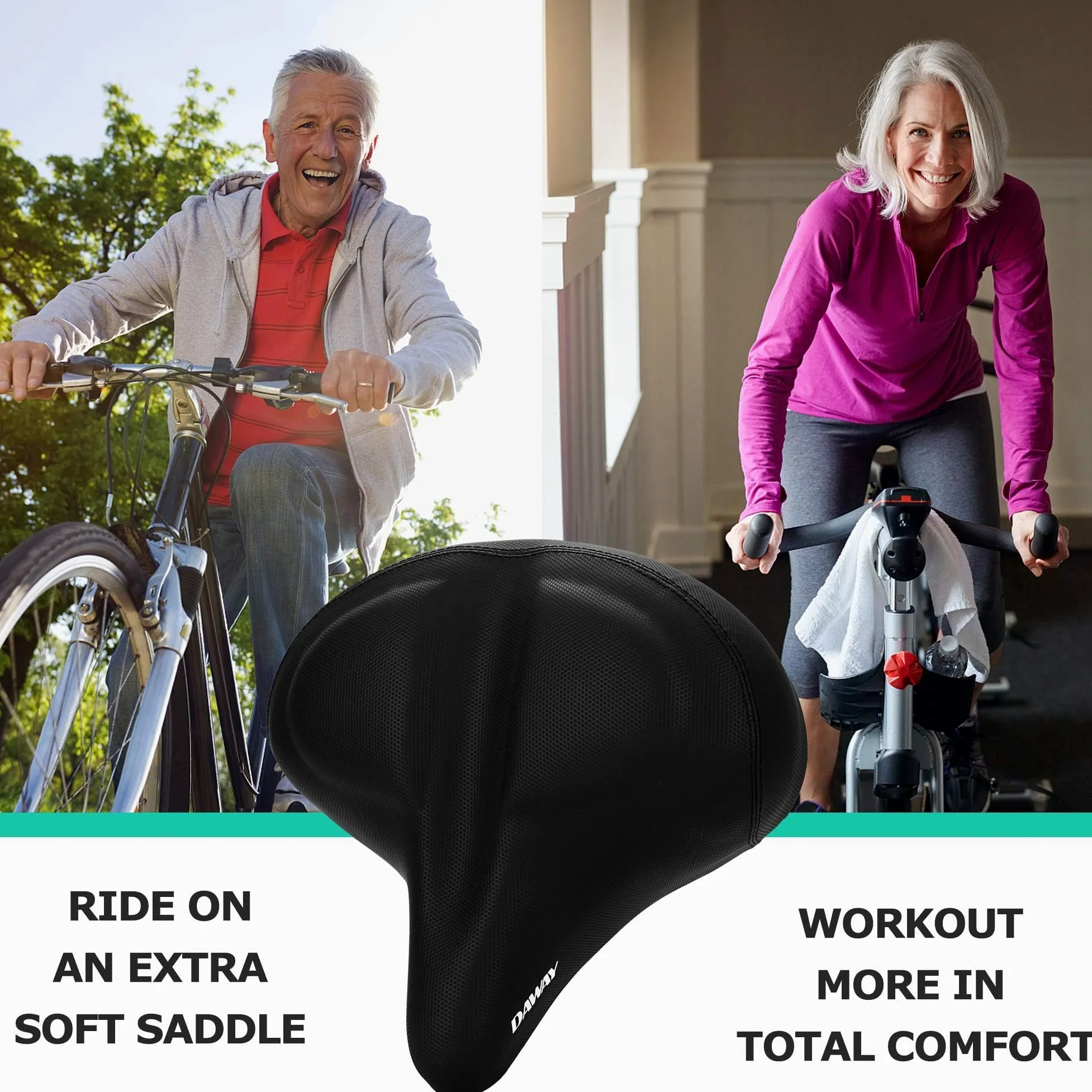 DAWAY C40 Selle de vélo surdimensionnée Confortable – Compatible avec Peloton, Exercice, VTT ou vélos de Route, Selle de vélo Extra Large avec Coussin en Mousse à mémoire de Forme pour Homme et Femme