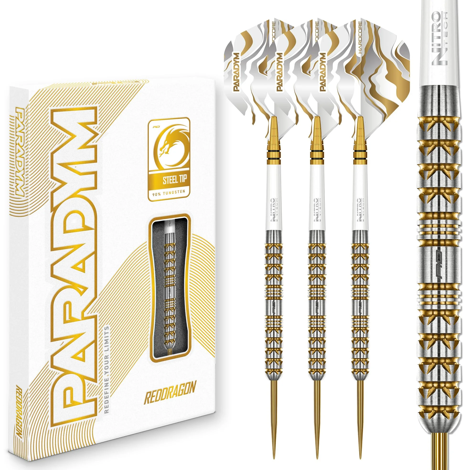 RED DRAGON Darts Paradym Gold Series Fléchettes professionnelles 90 % tungstène – Comprend des vols de fléchettes et des tiges | Disponible en pointe souple de 18 g et fléchettes en acier 22 g, 23 g
