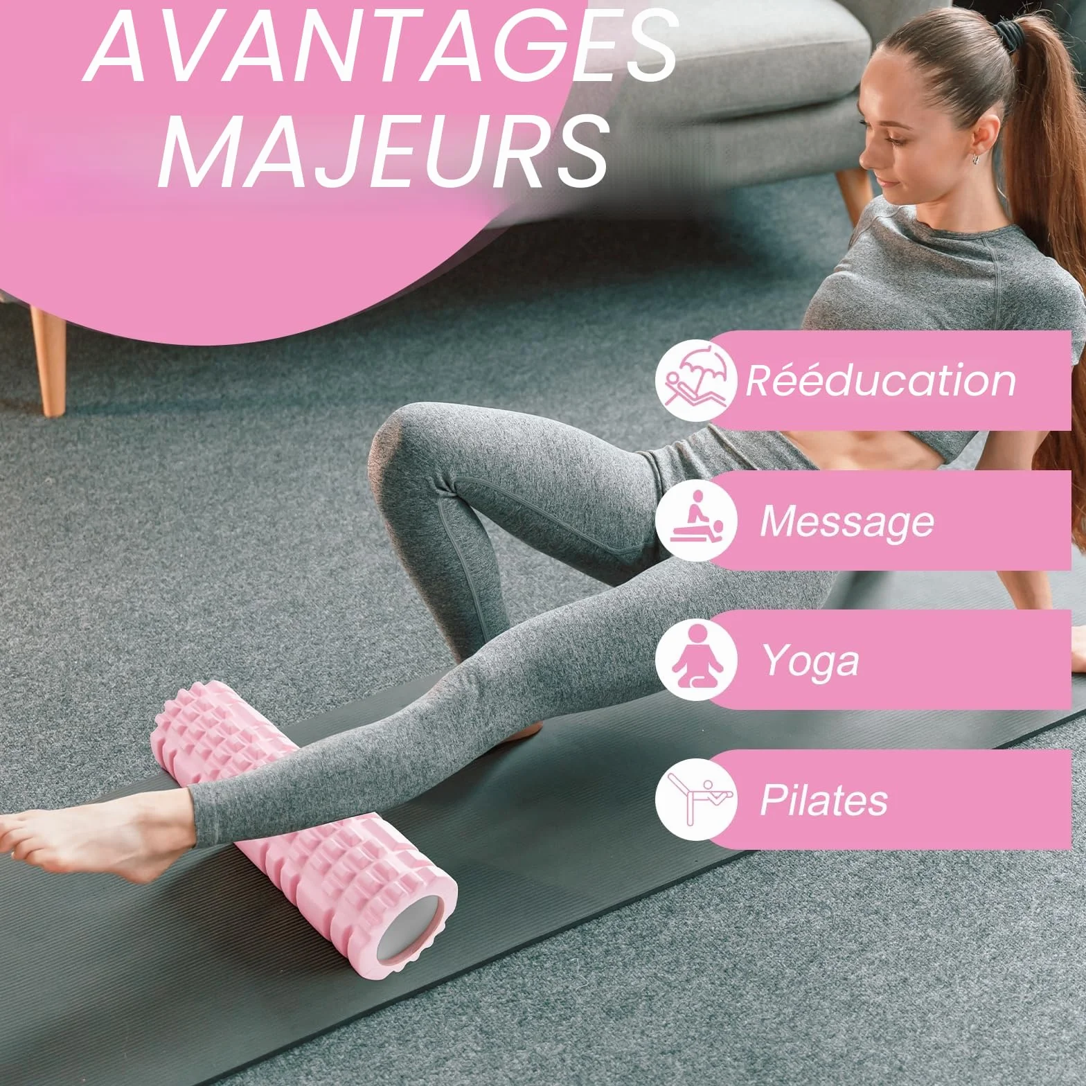 Rouleau de Massage Foam Roller Pilates Yoga Rose Mousse Multifonction Renforcement Musculaire Fitness Massage Fascias Maison Gymnase