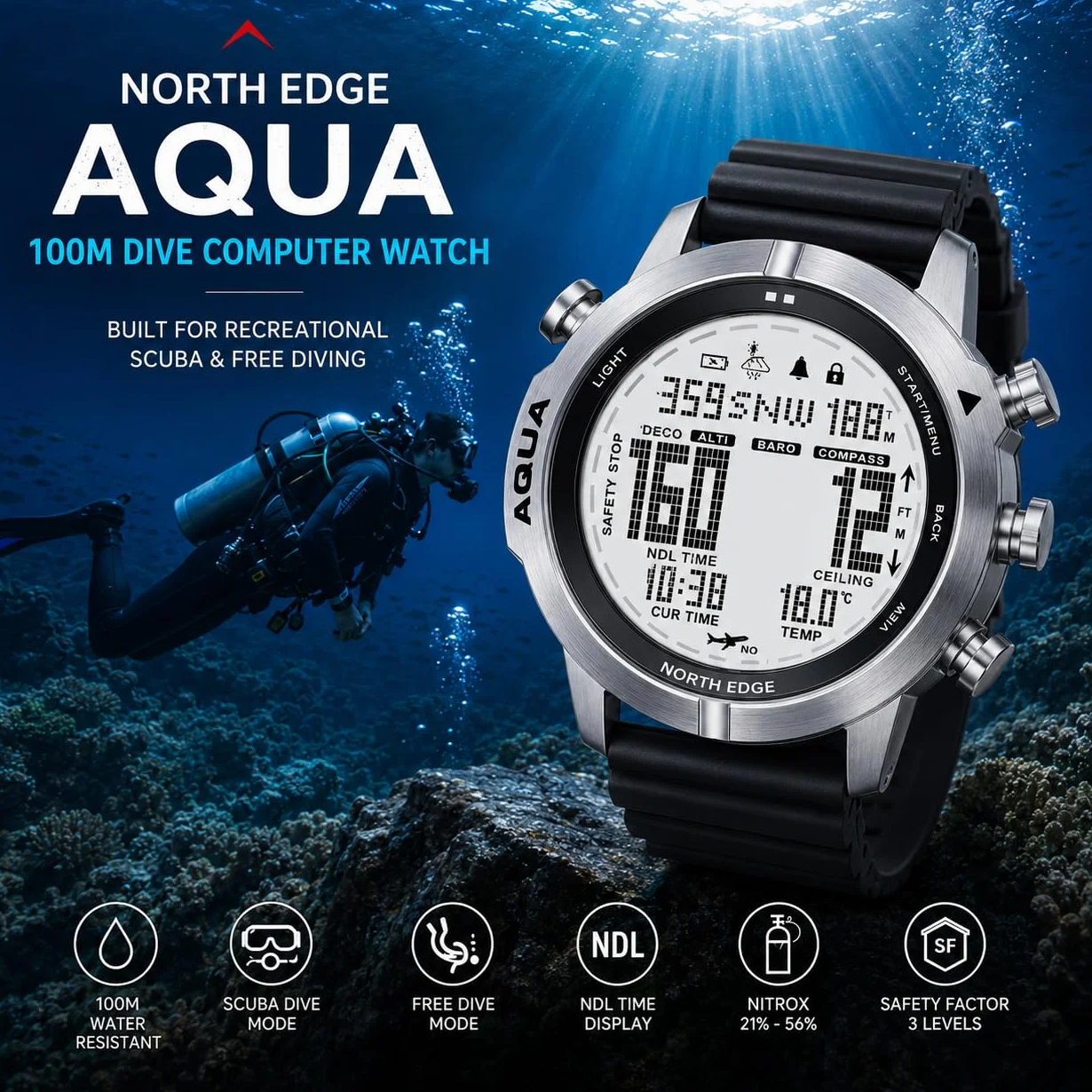 NORTH EDGE Montre de plongée 50M Altimètre Baromètre Boussole