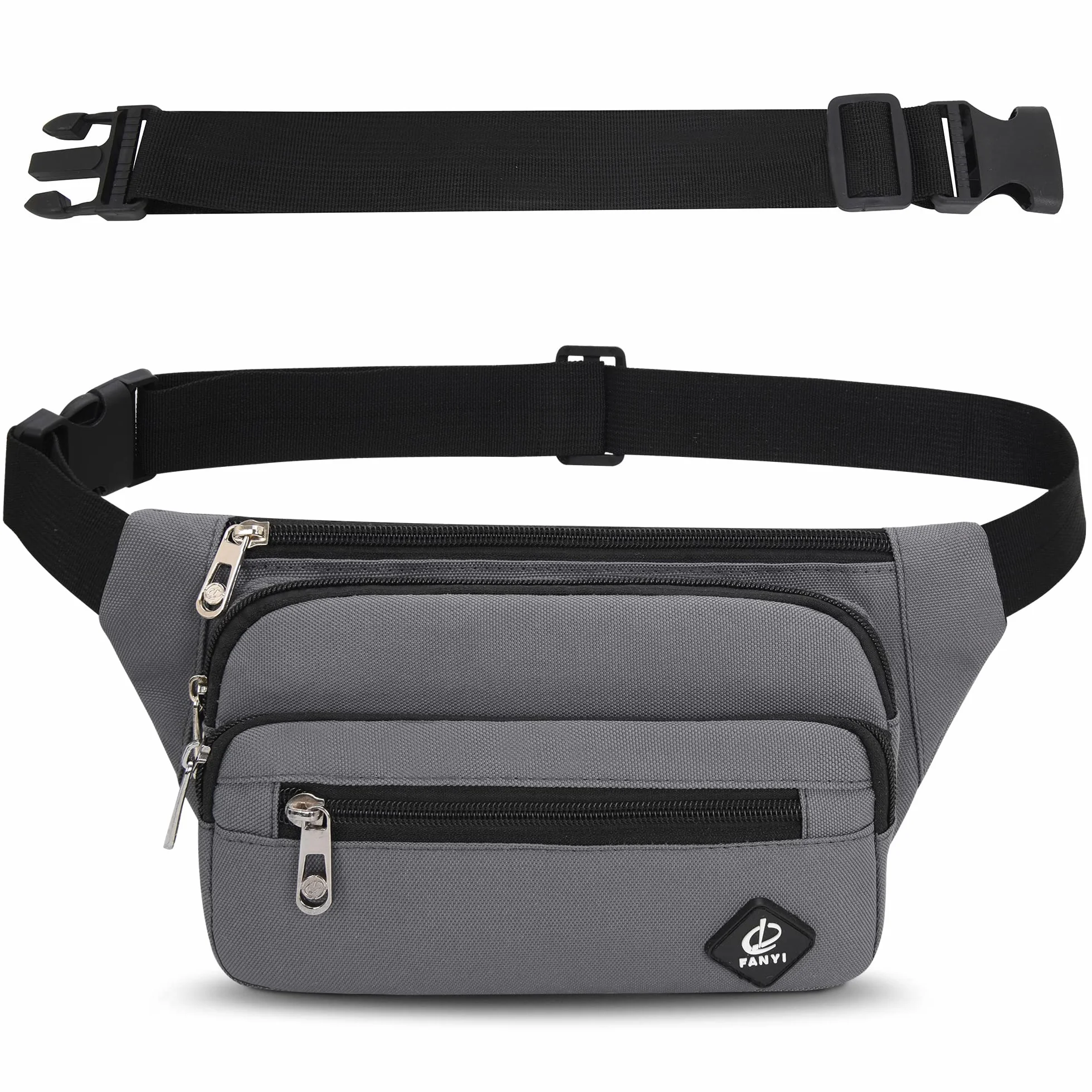 Sac Banane Taille Homme Femme Ville Unisexe avec Ceinture 60 cm Poches 4 Fermetures à glissière Gris